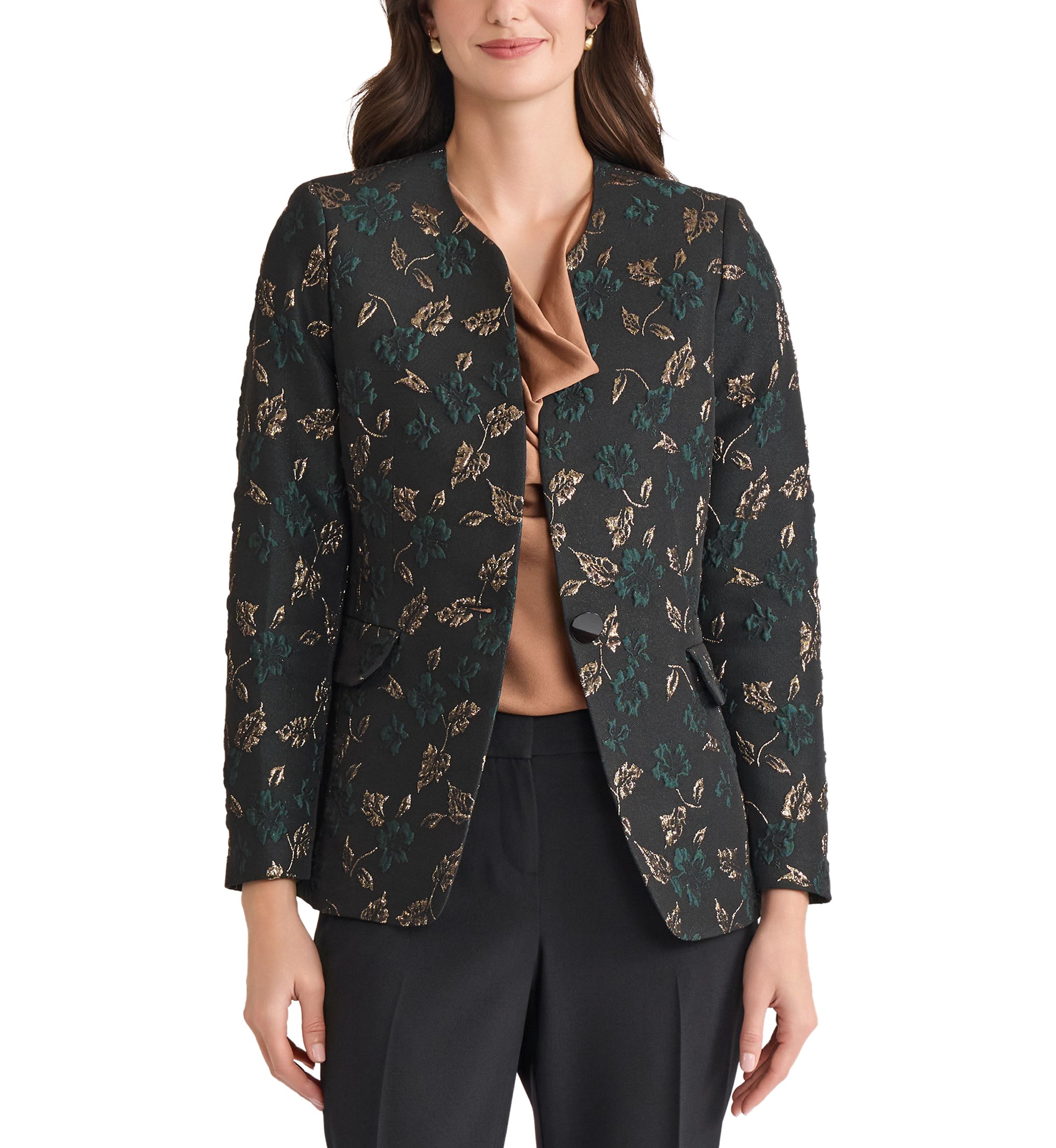 Womens Leaf Jacquard Collarless One Button Jacket 