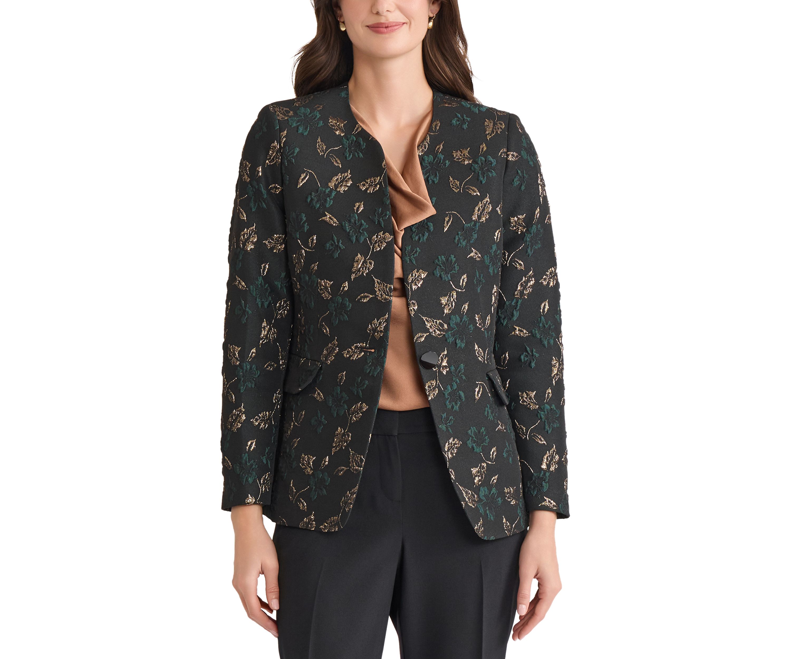 Womens Leaf Jacquard Collarless One Button Jacket 