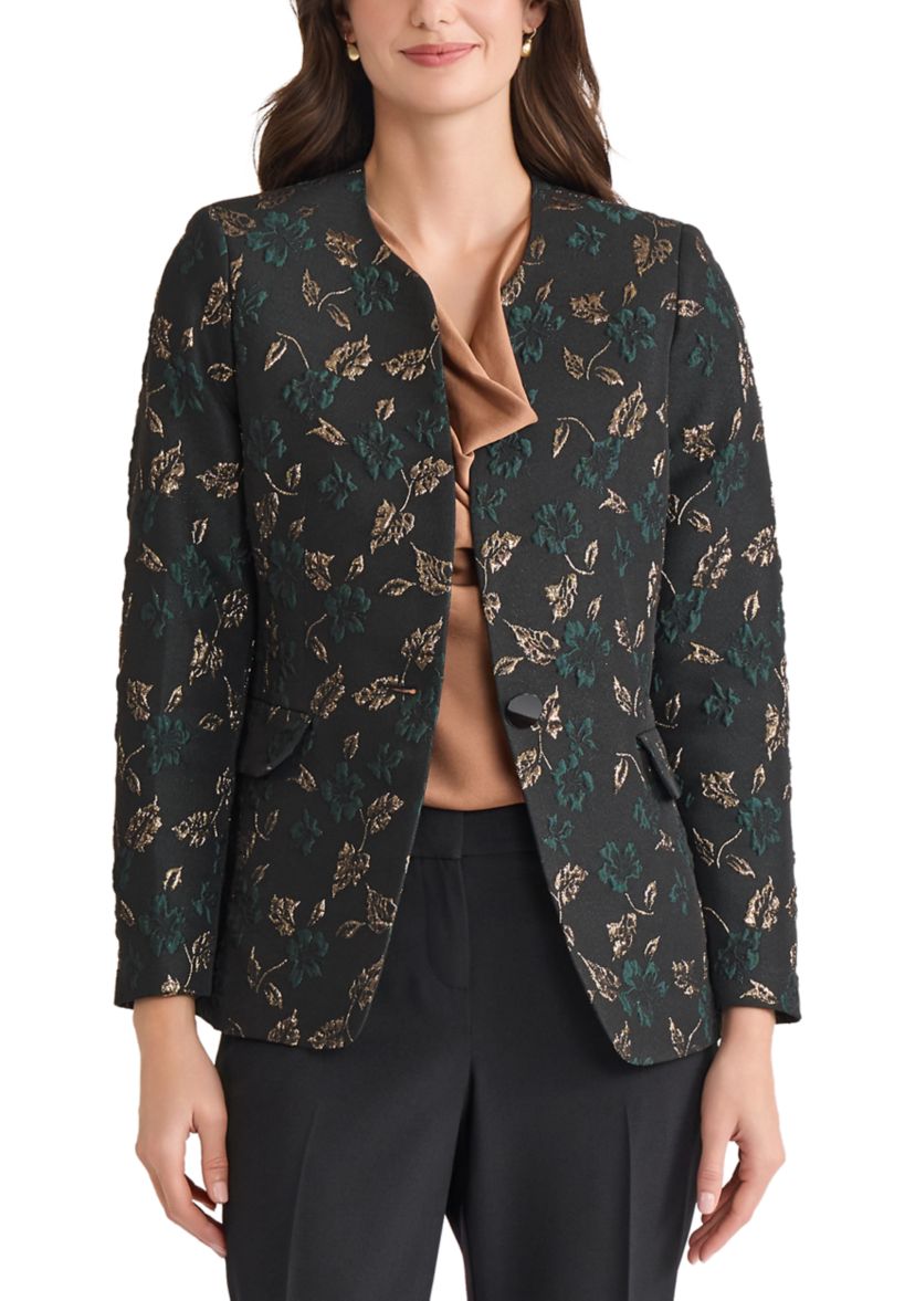 Womens Leaf Jacquard Collarless One Button Jacket 