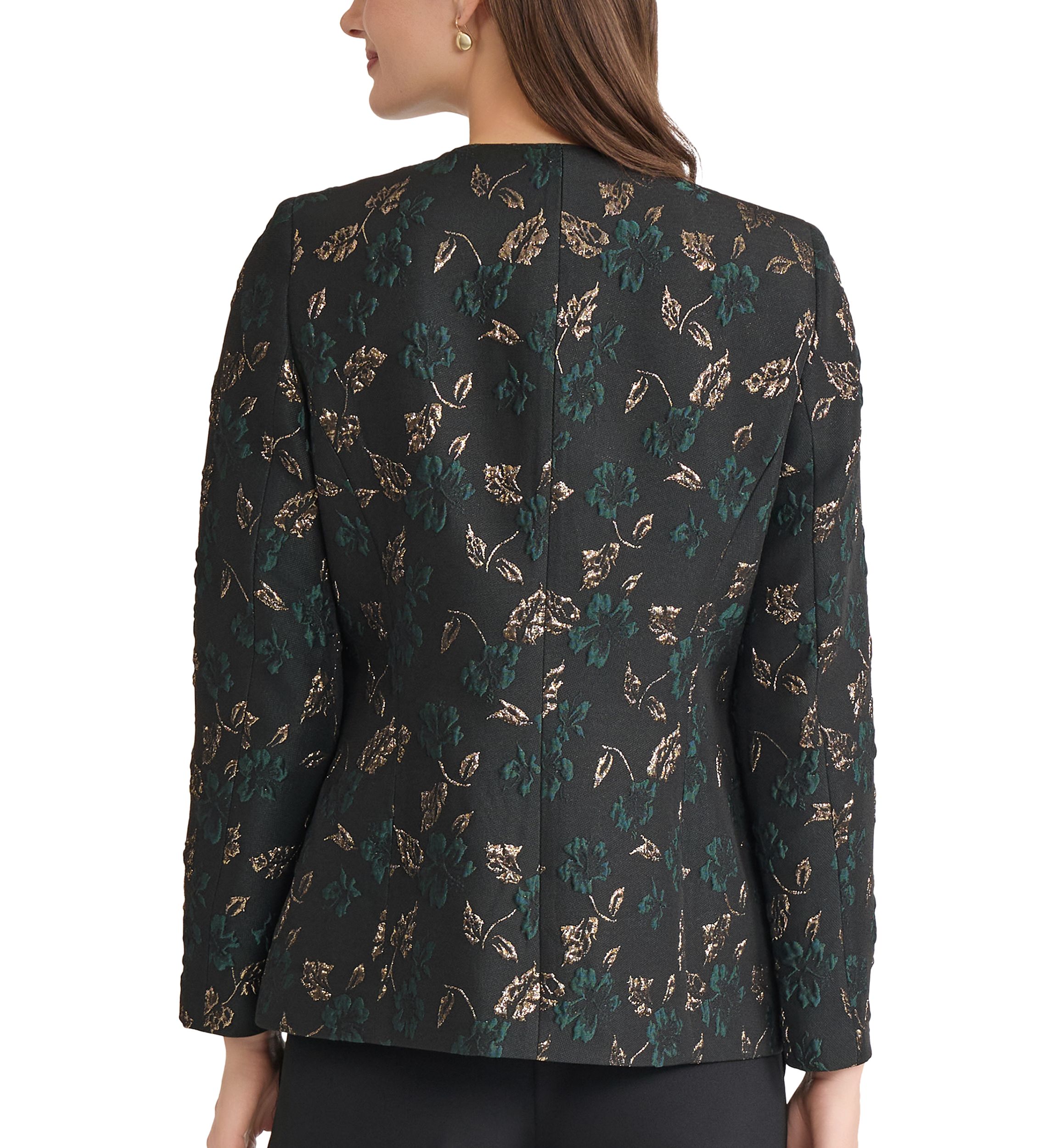 Womens Leaf Jacquard Collarless One Button Jacket 