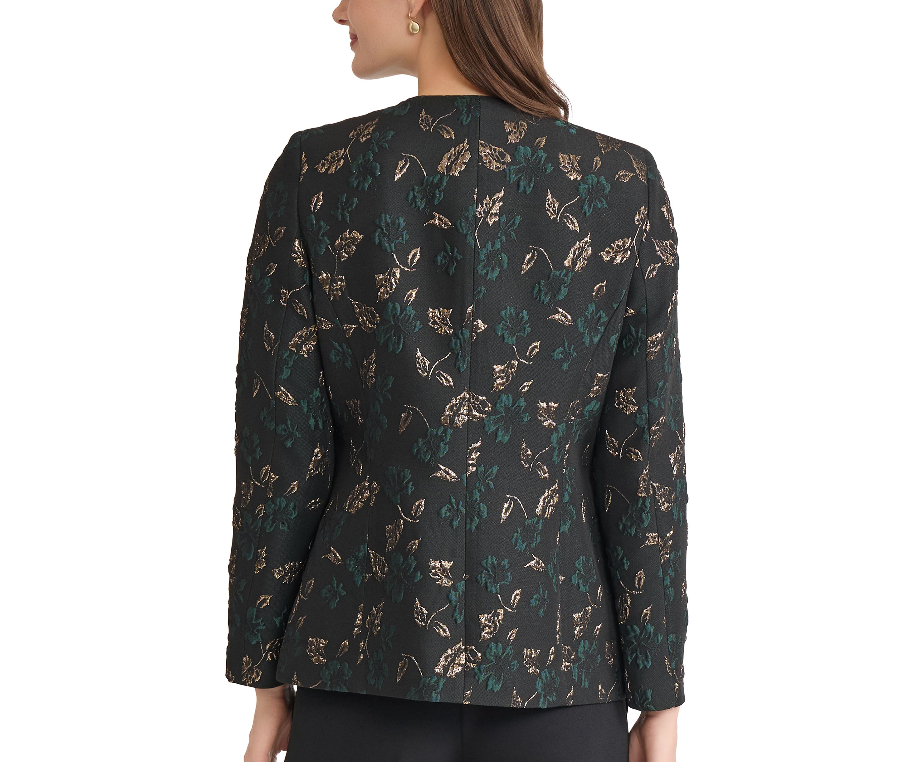 Womens Leaf Jacquard Collarless One Button Jacket 