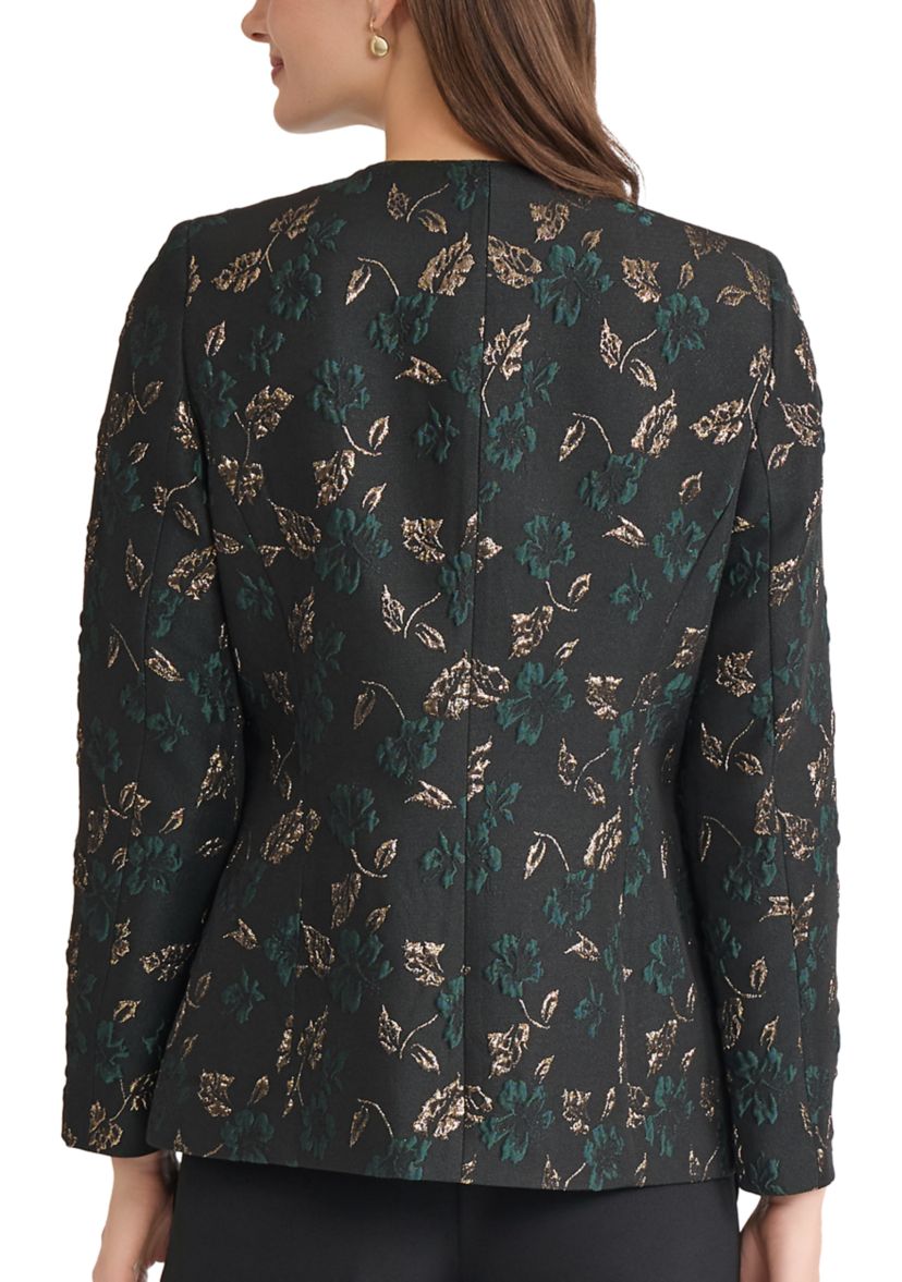 Womens Leaf Jacquard Collarless One Button Jacket 