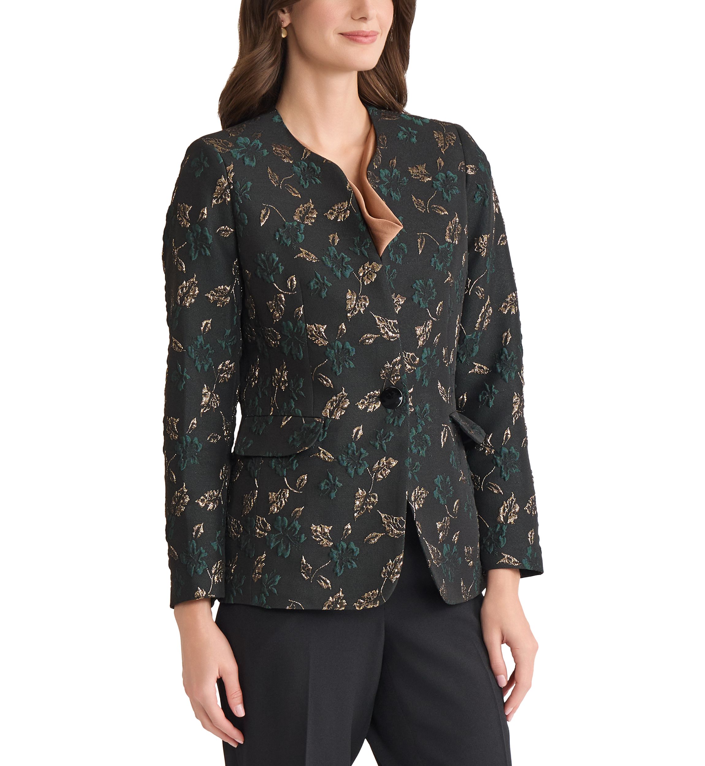 Womens Leaf Jacquard Collarless One Button Jacket 