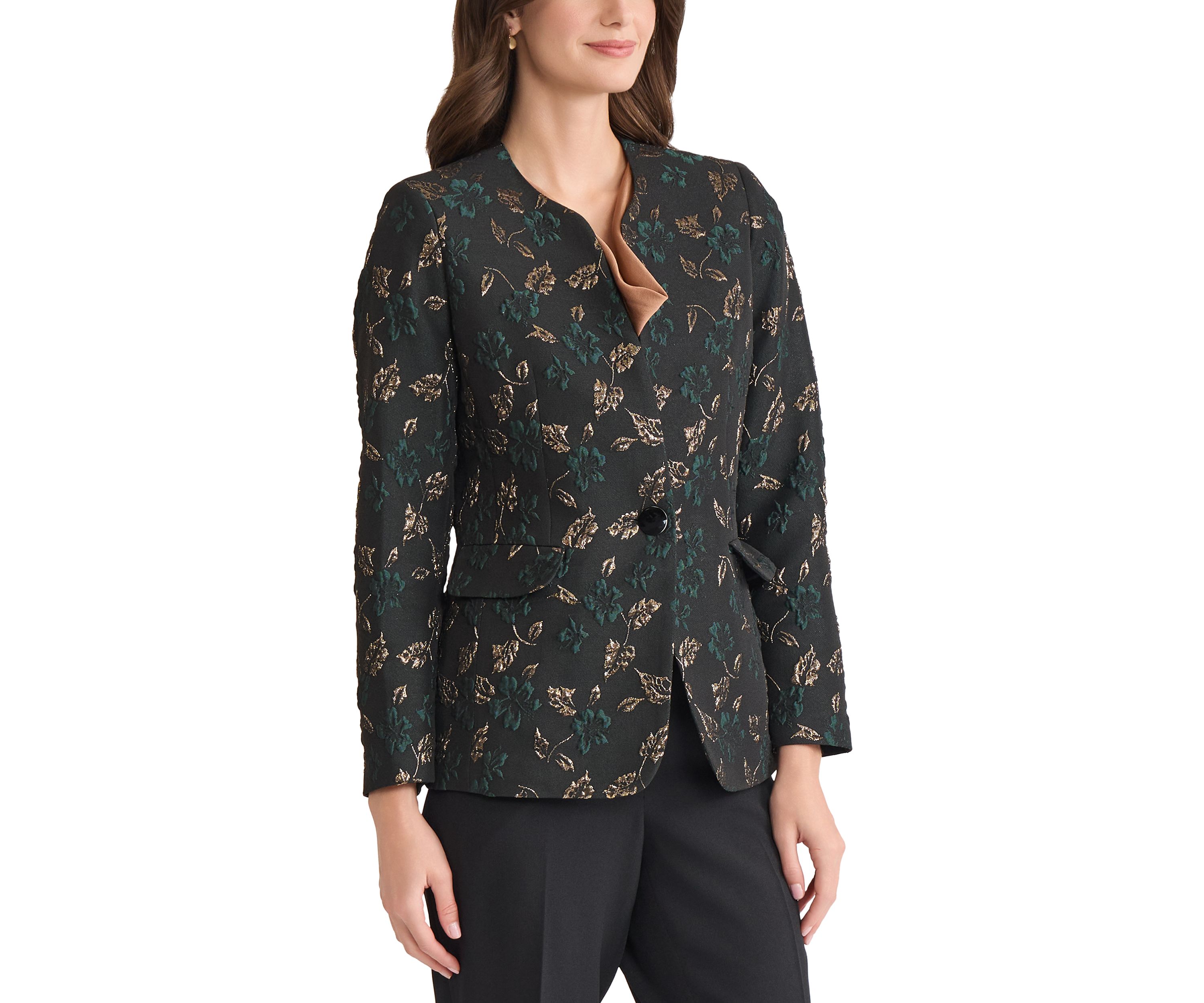 Womens Leaf Jacquard Collarless One Button Jacket 