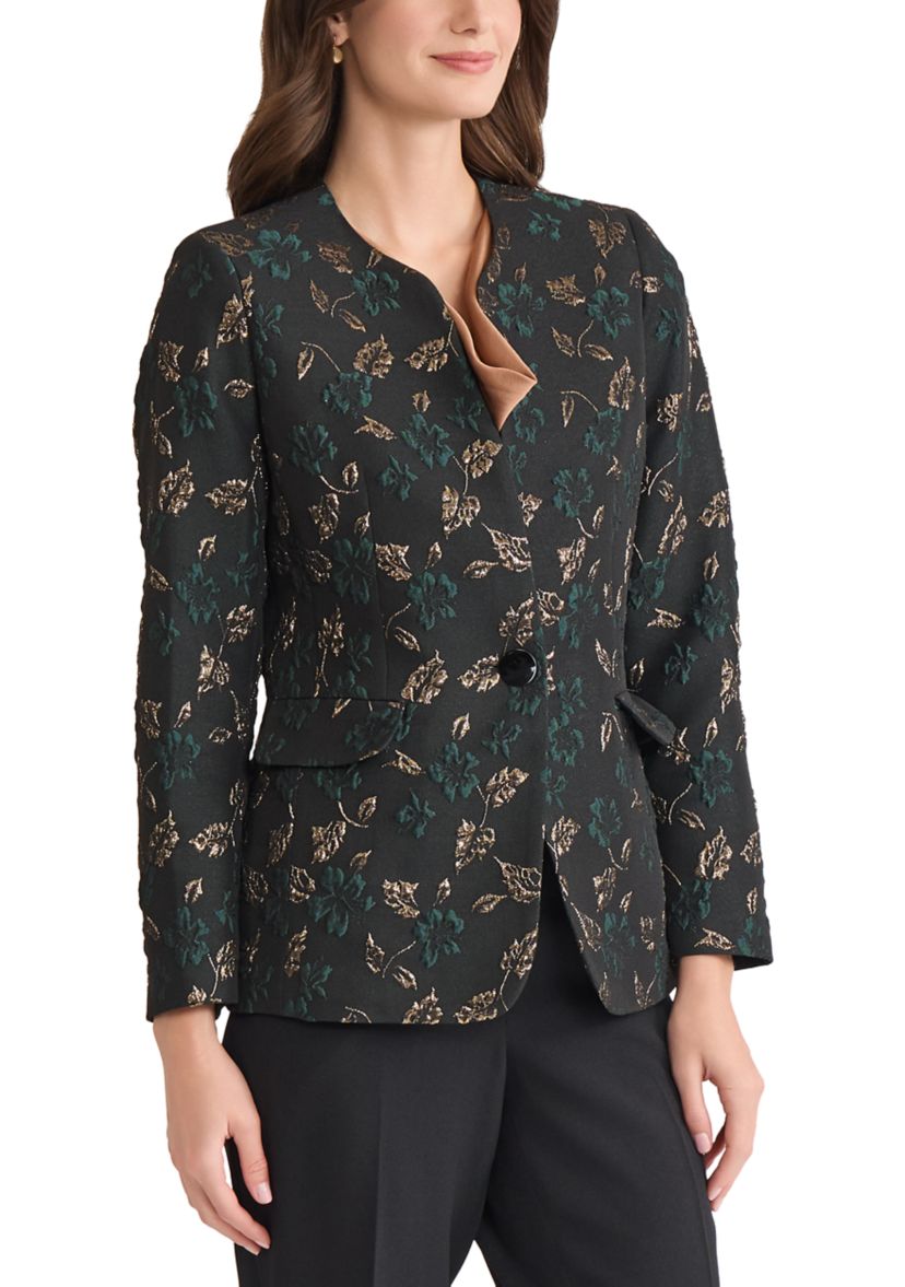 Womens Leaf Jacquard Collarless One Button Jacket 