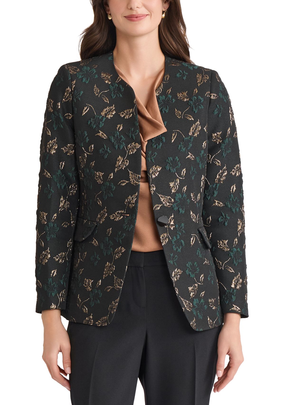 Petite Leaf Jacquard Collarless One Button Jacket 