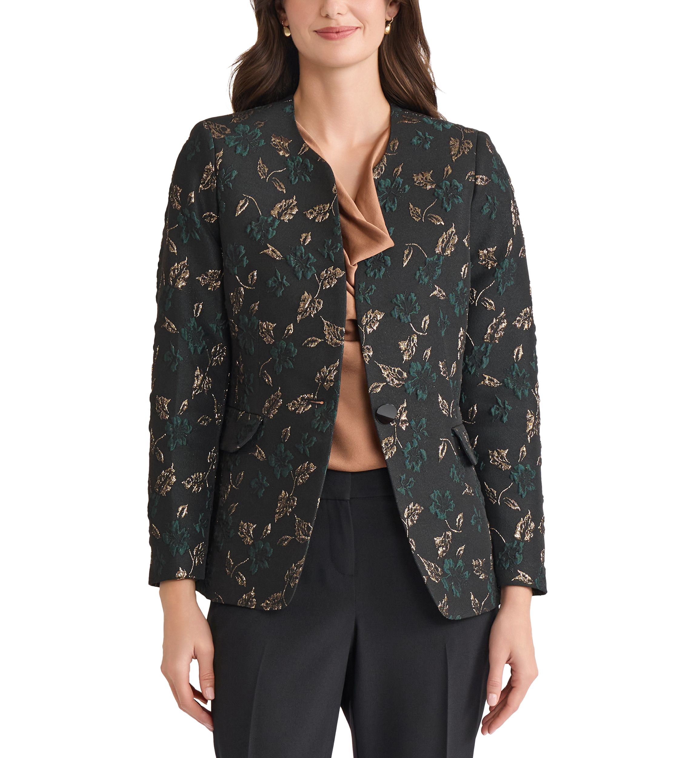 Petite Leaf Jacquard Collarless One Button Jacket 