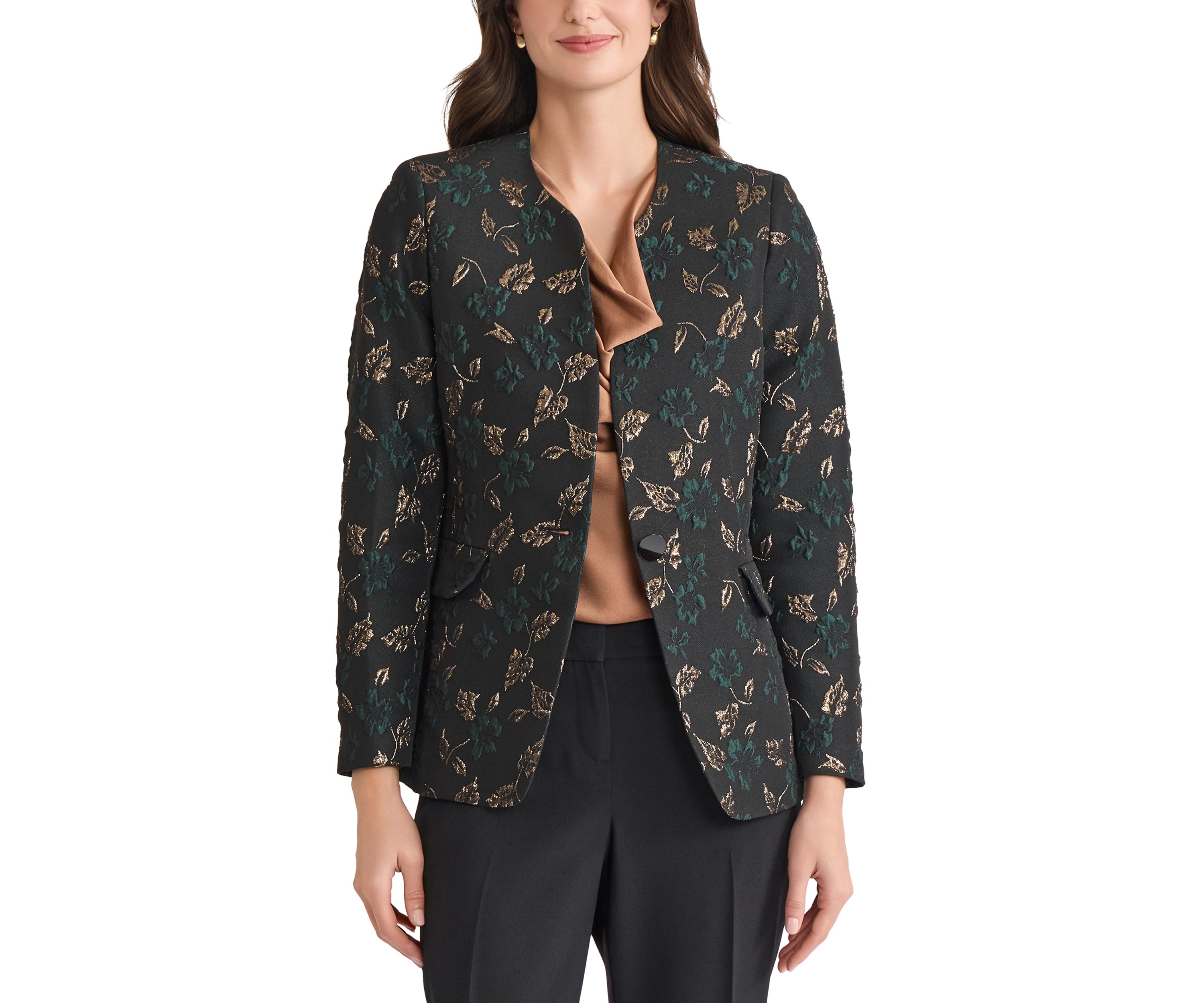 Petite Leaf Jacquard Collarless One Button Jacket 