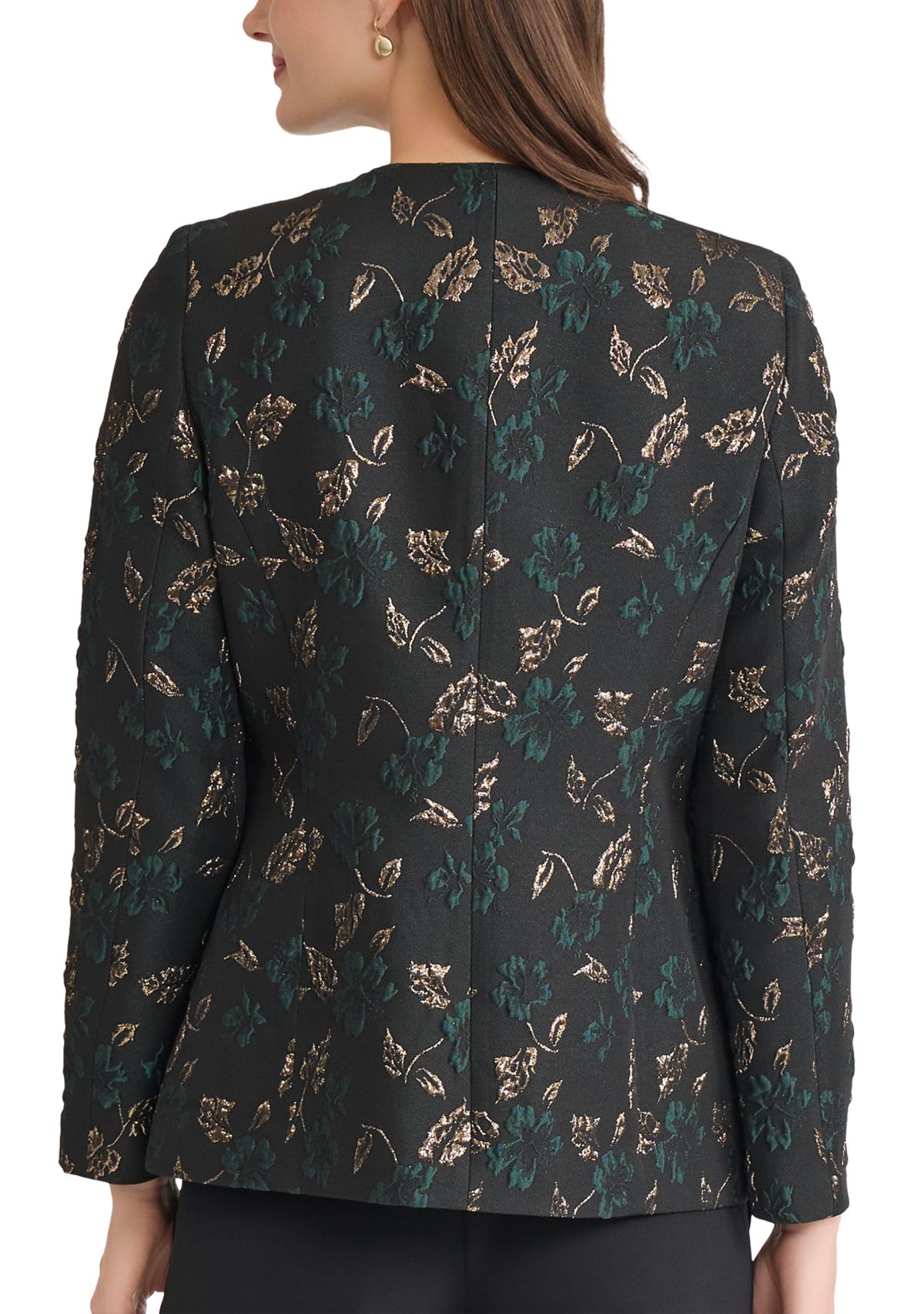 Petite Leaf Jacquard Collarless One Button Jacket 
