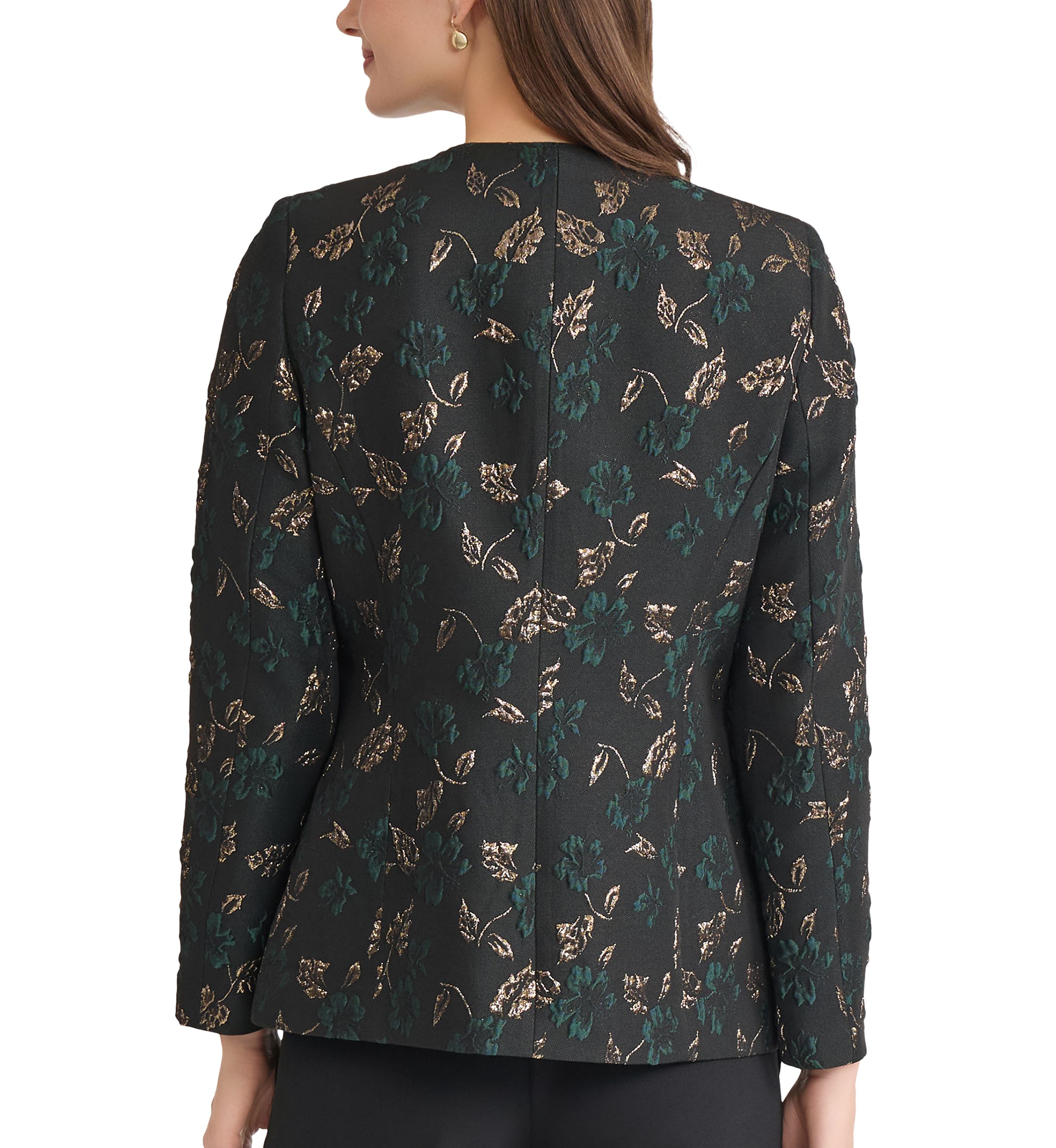 Petite Leaf Jacquard Collarless One Button Jacket 