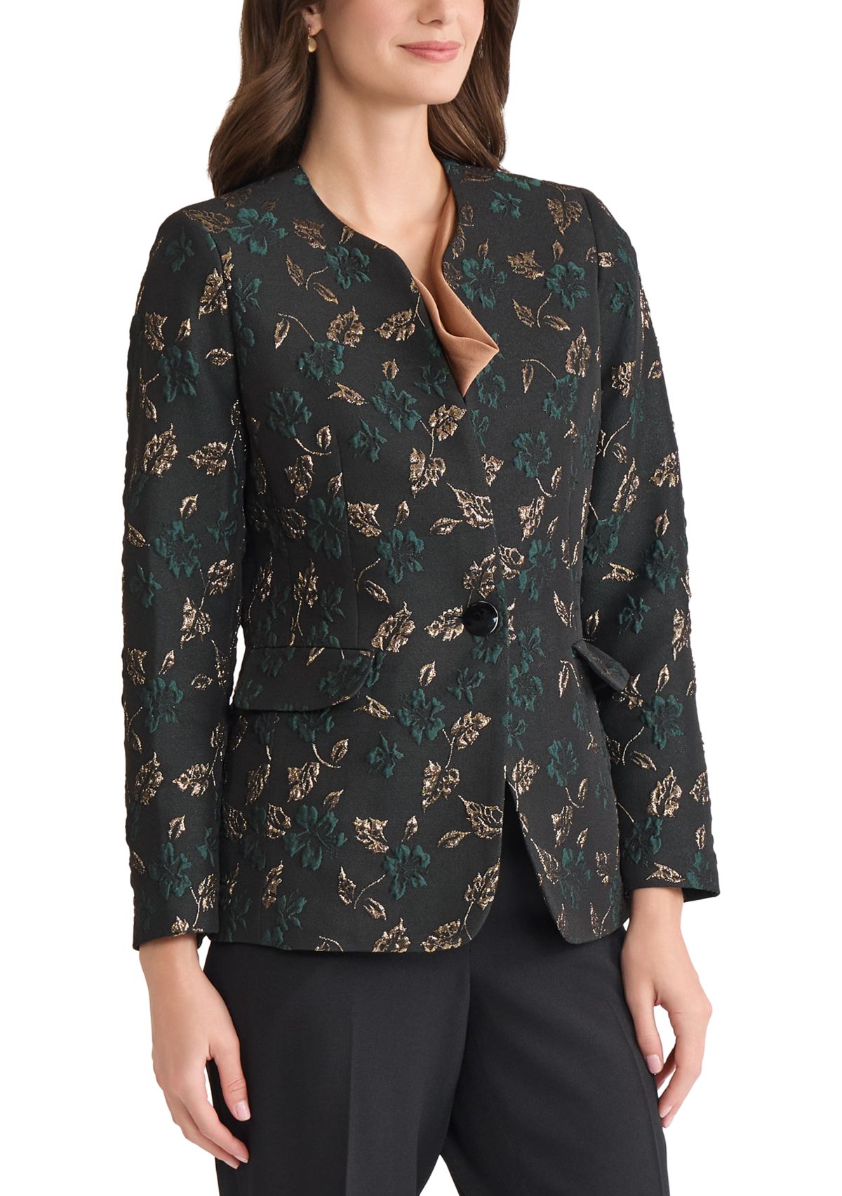Petite Leaf Jacquard Collarless One Button Jacket 