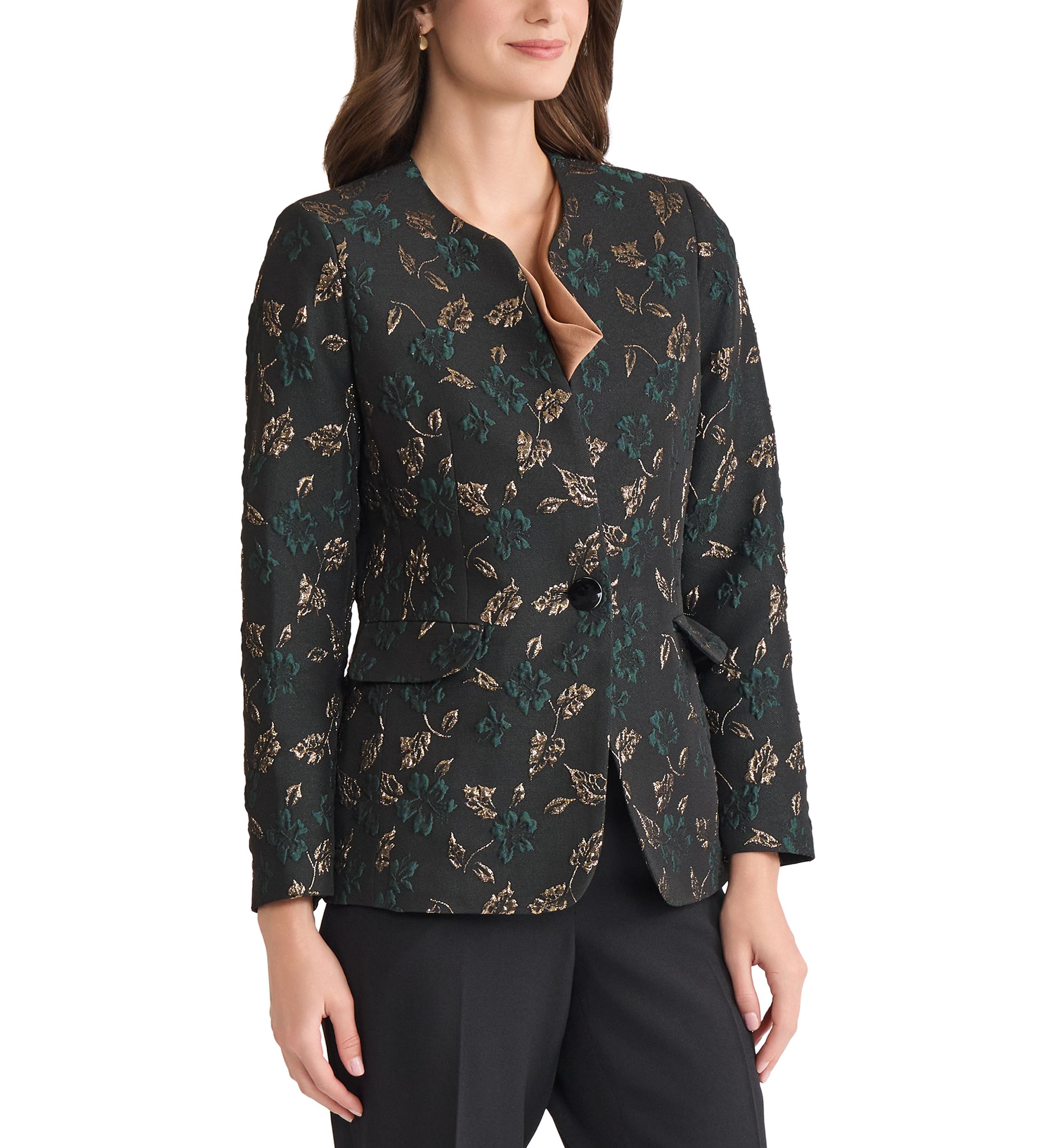 Petite Leaf Jacquard Collarless One Button Jacket 