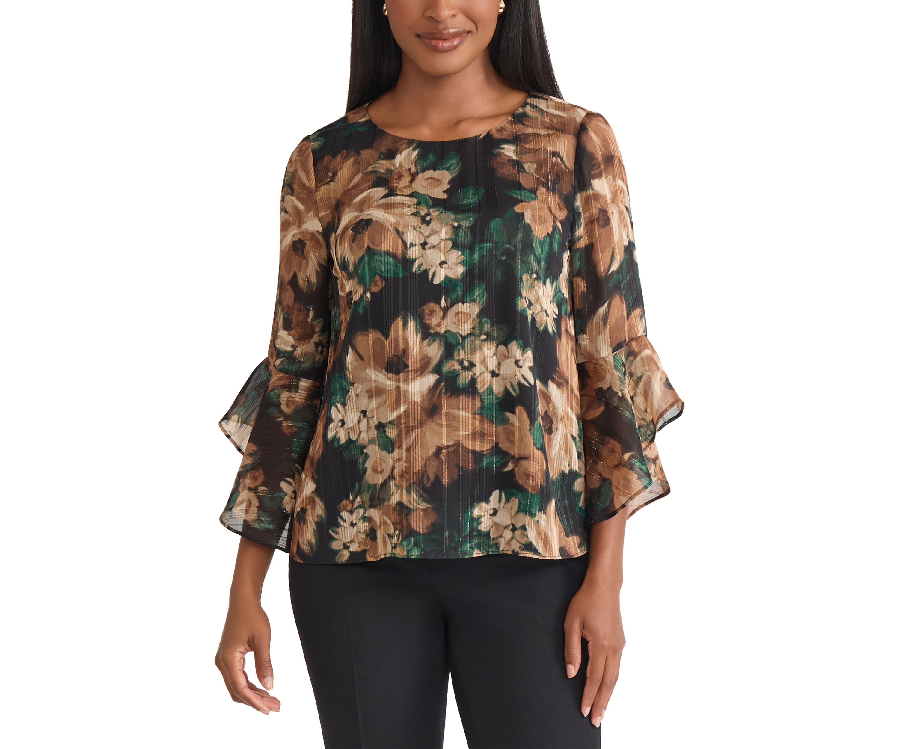 Womens Floral Print Ruffle Sleeve Blouse