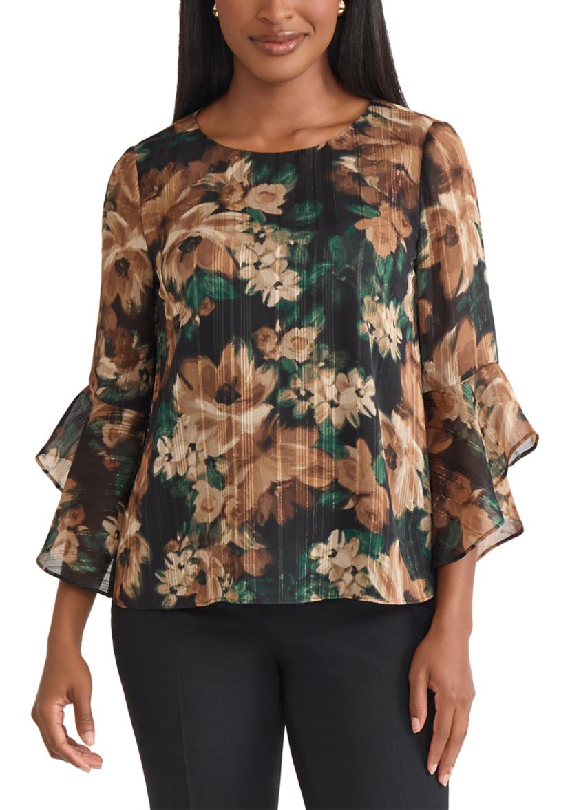 Womens Floral Print Ruffle Sleeve Blouse