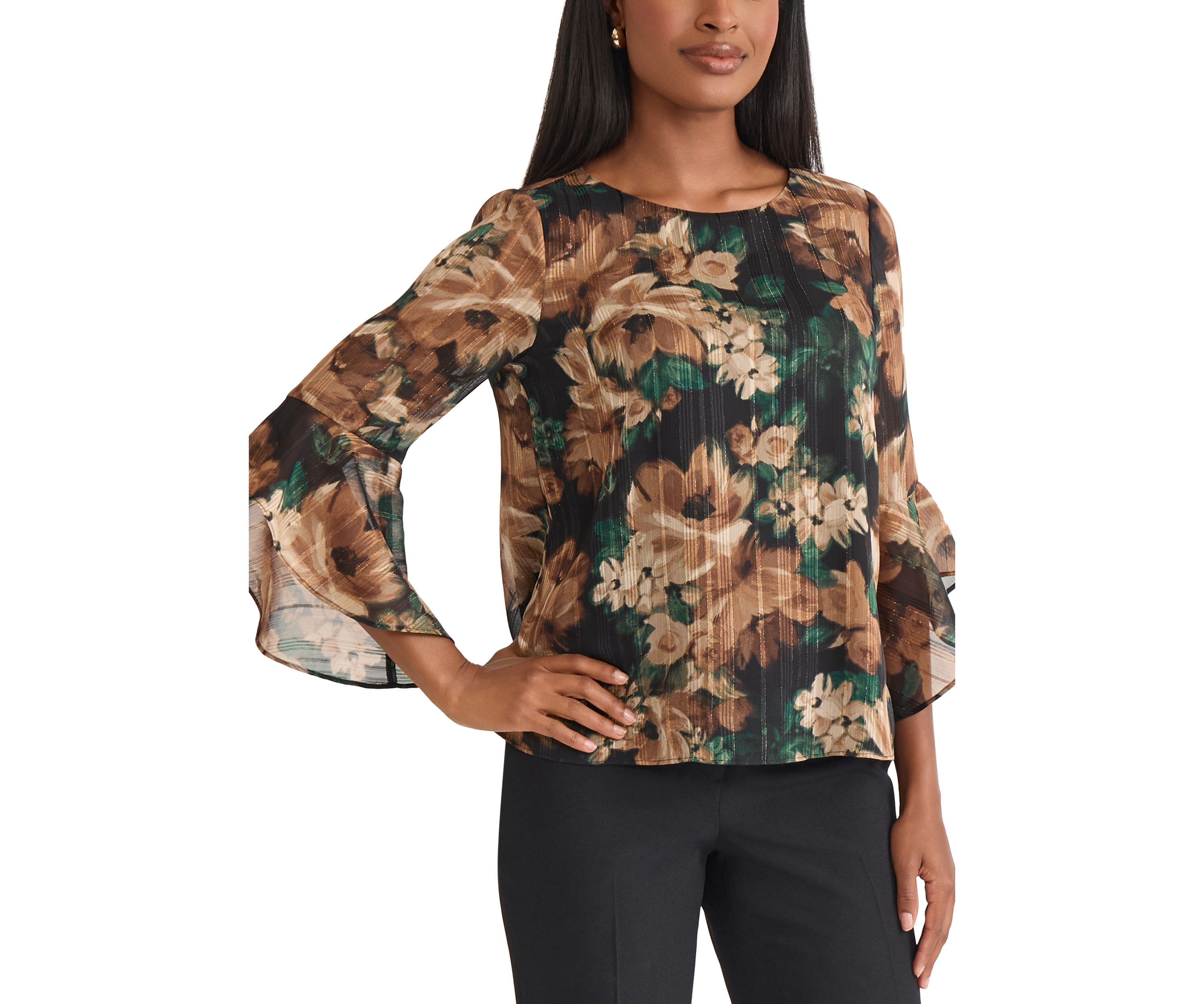 Womens Floral Print Ruffle Sleeve Blouse