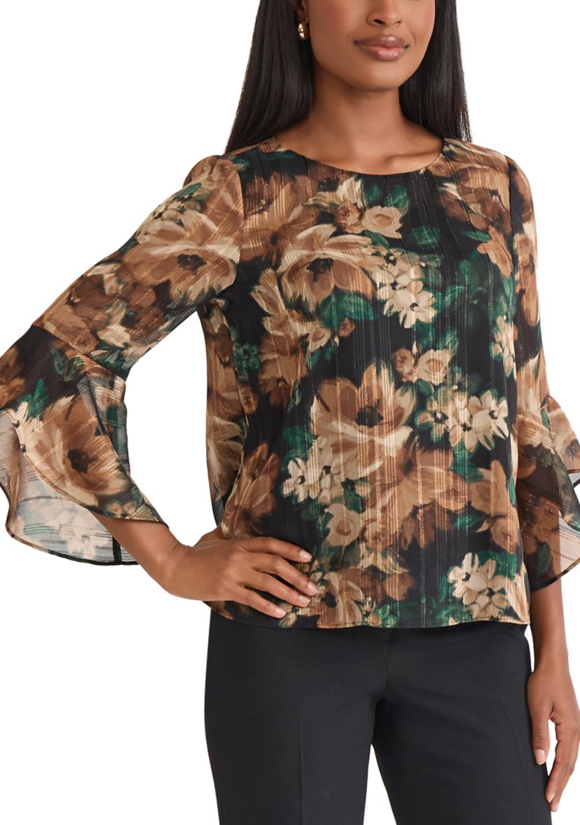 Womens Floral Print Ruffle Sleeve Blouse