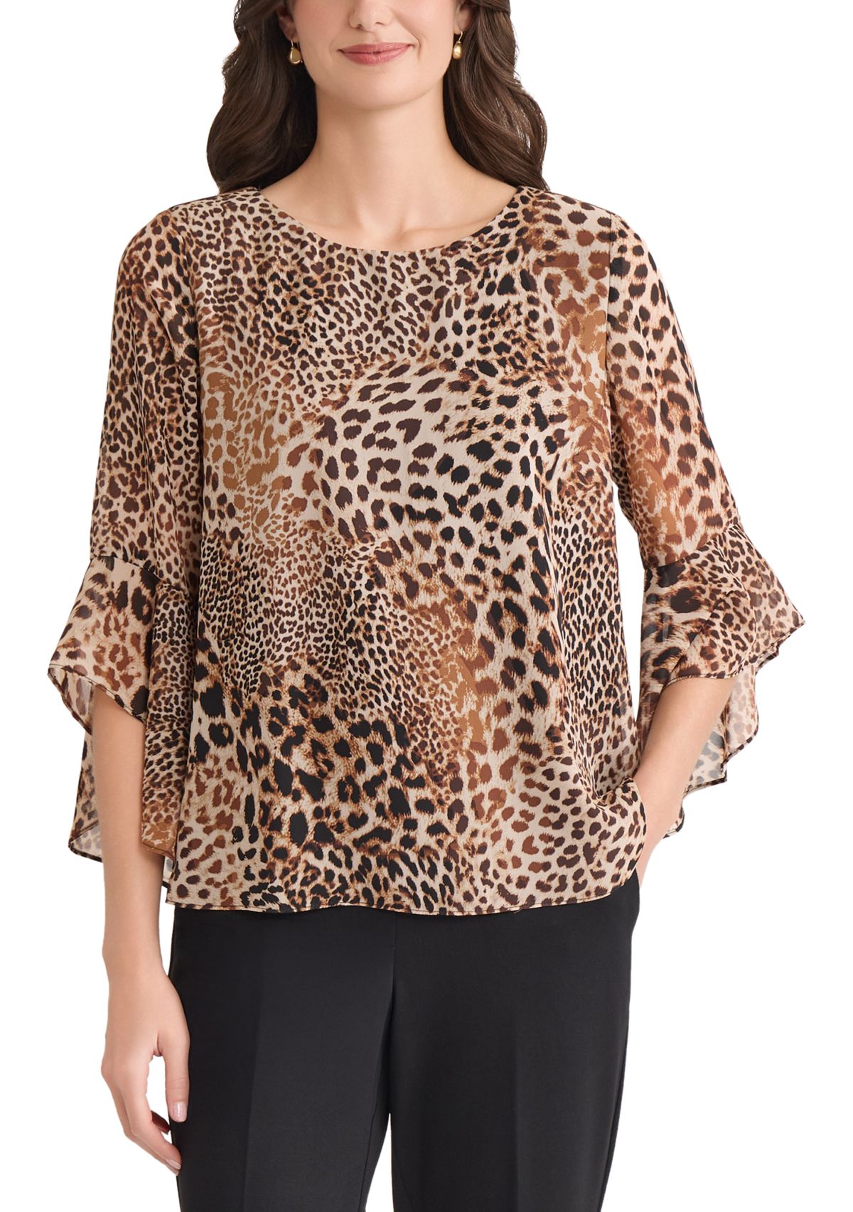 Womens Animal Print Bell Sleeve Blouse