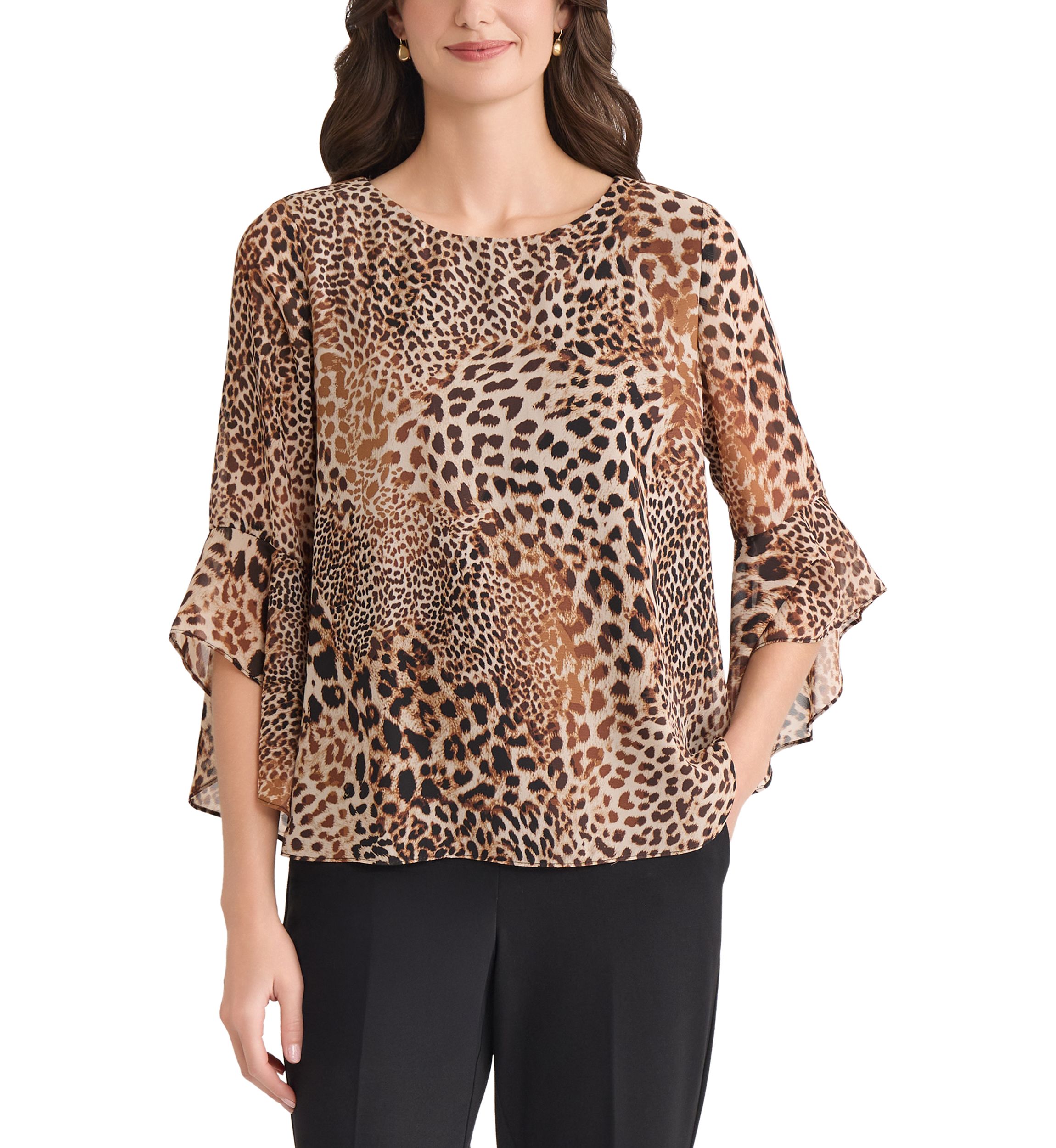 Womens Animal Print Bell Sleeve Blouse
