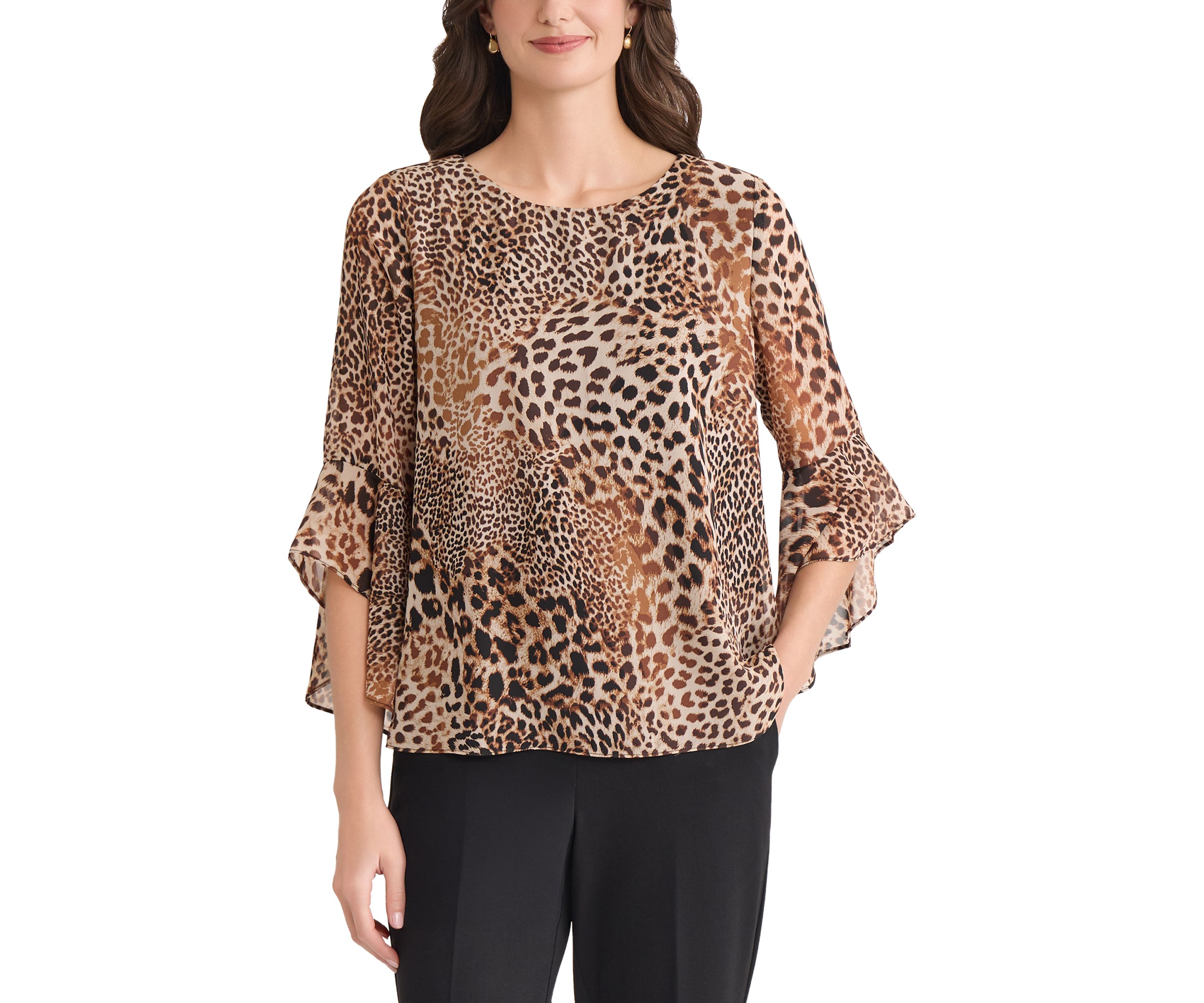 Womens Animal Print Bell Sleeve Blouse