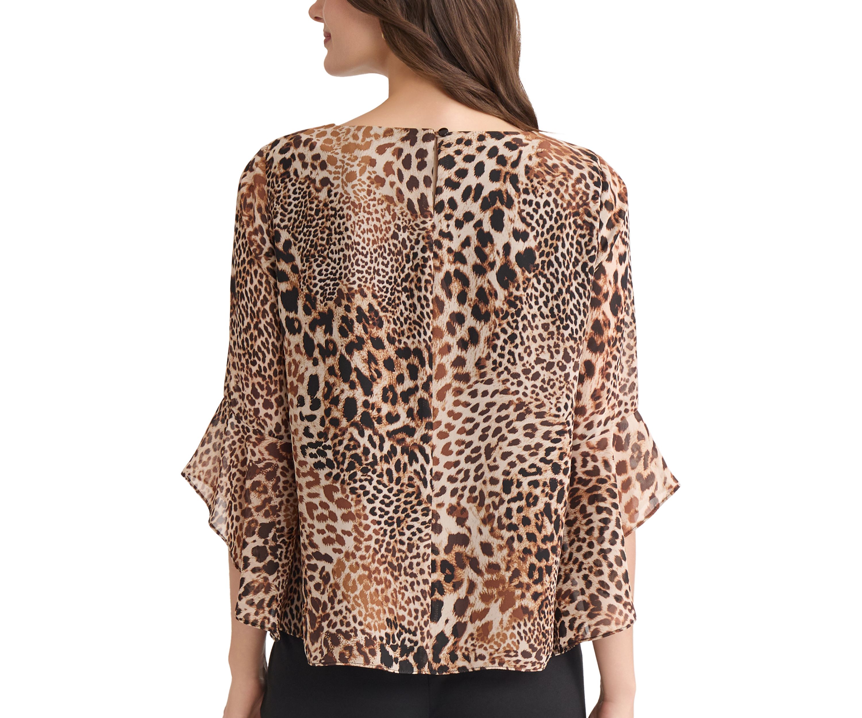 Womens Animal Print Bell Sleeve Blouse