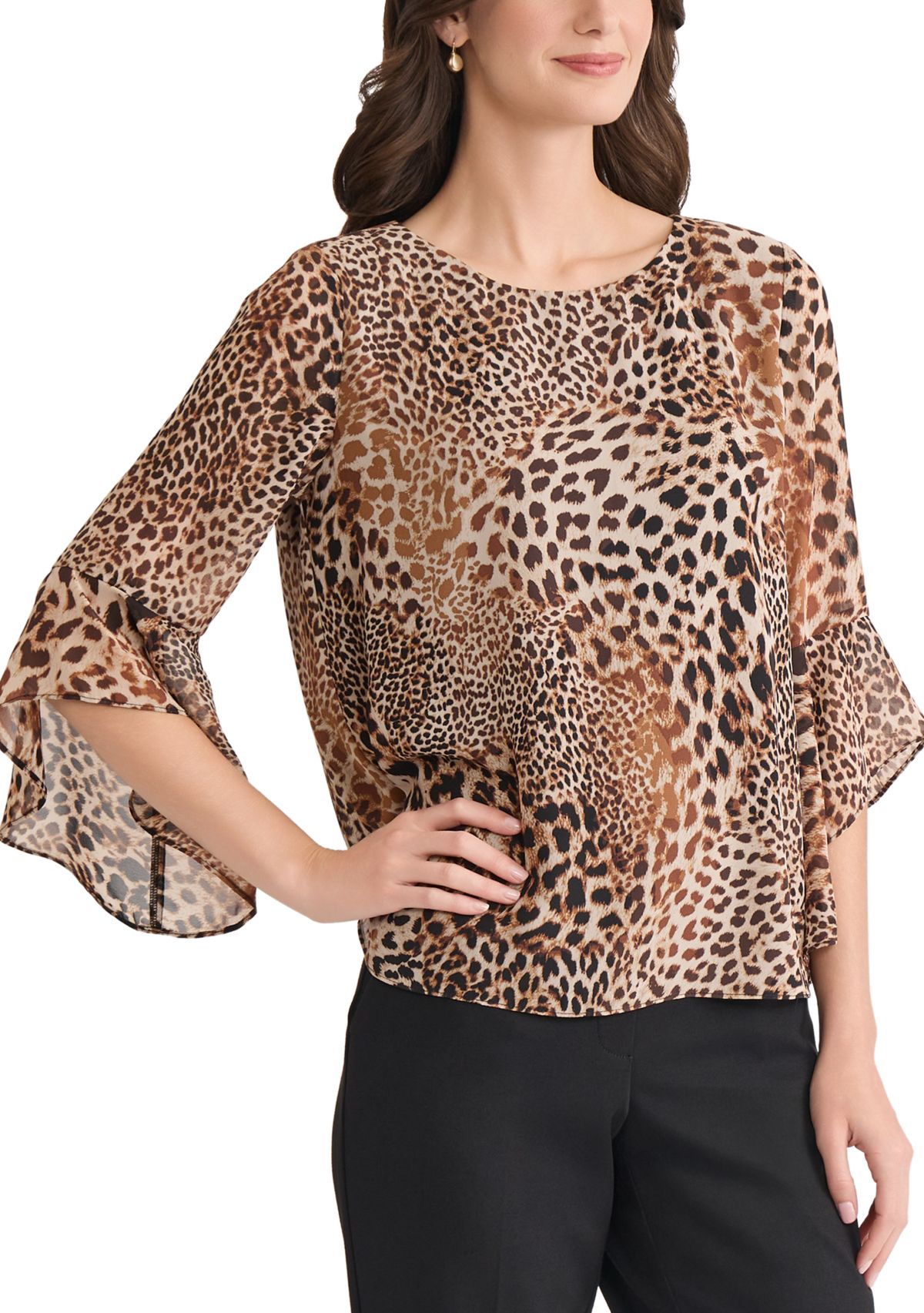 Womens Animal Print Bell Sleeve Blouse