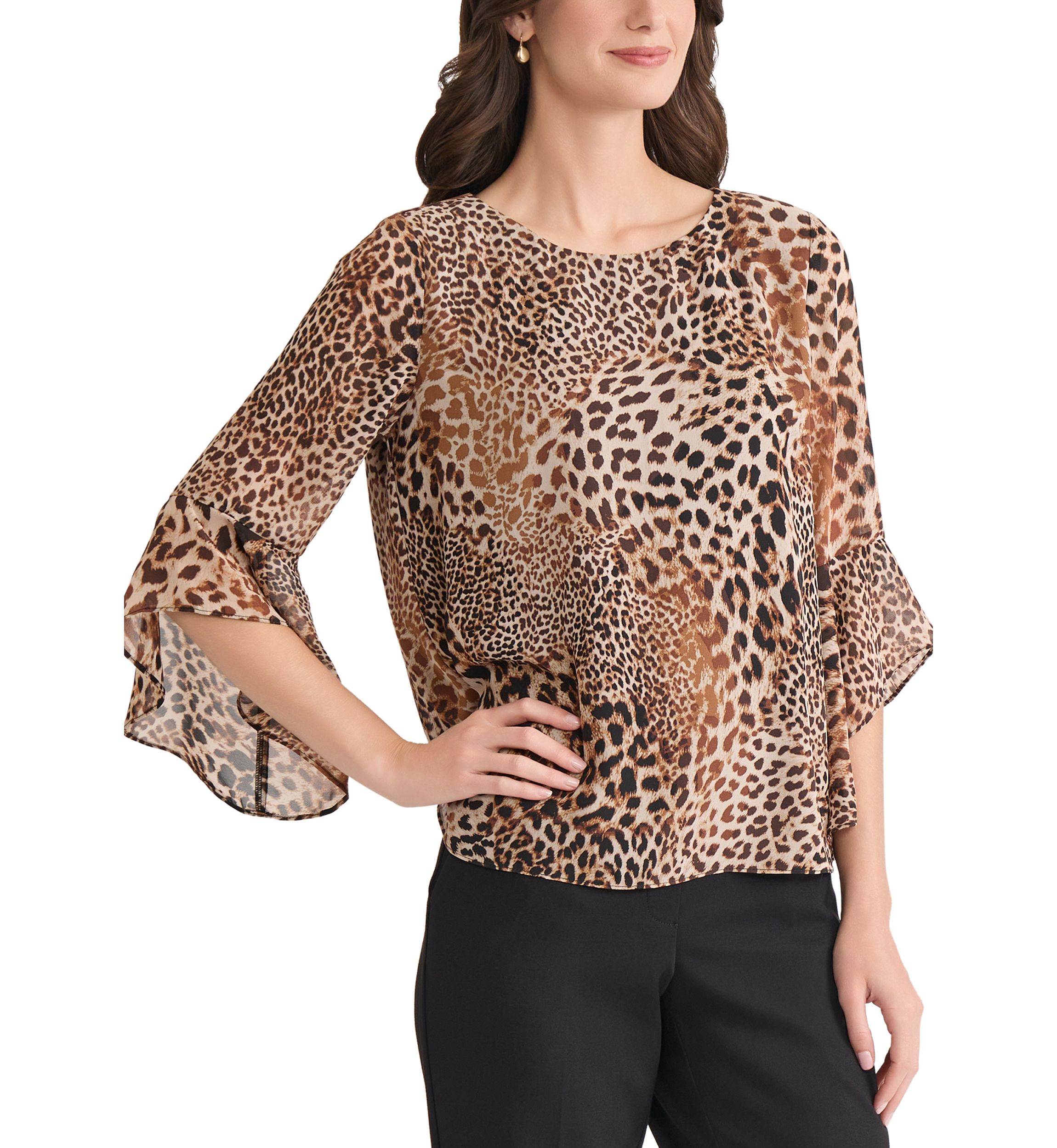 Womens Animal Print Bell Sleeve Blouse