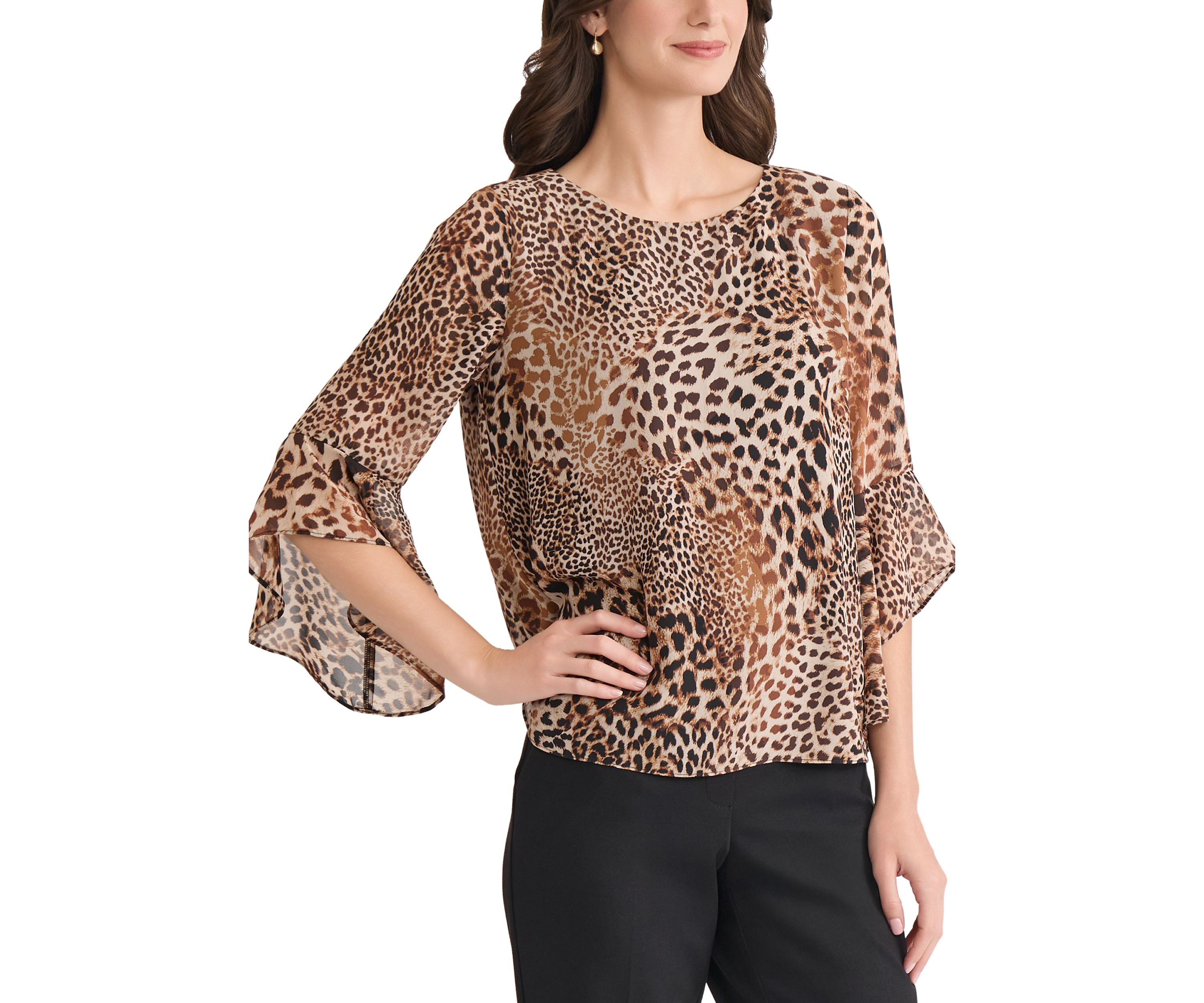 Womens Animal Print Bell Sleeve Blouse