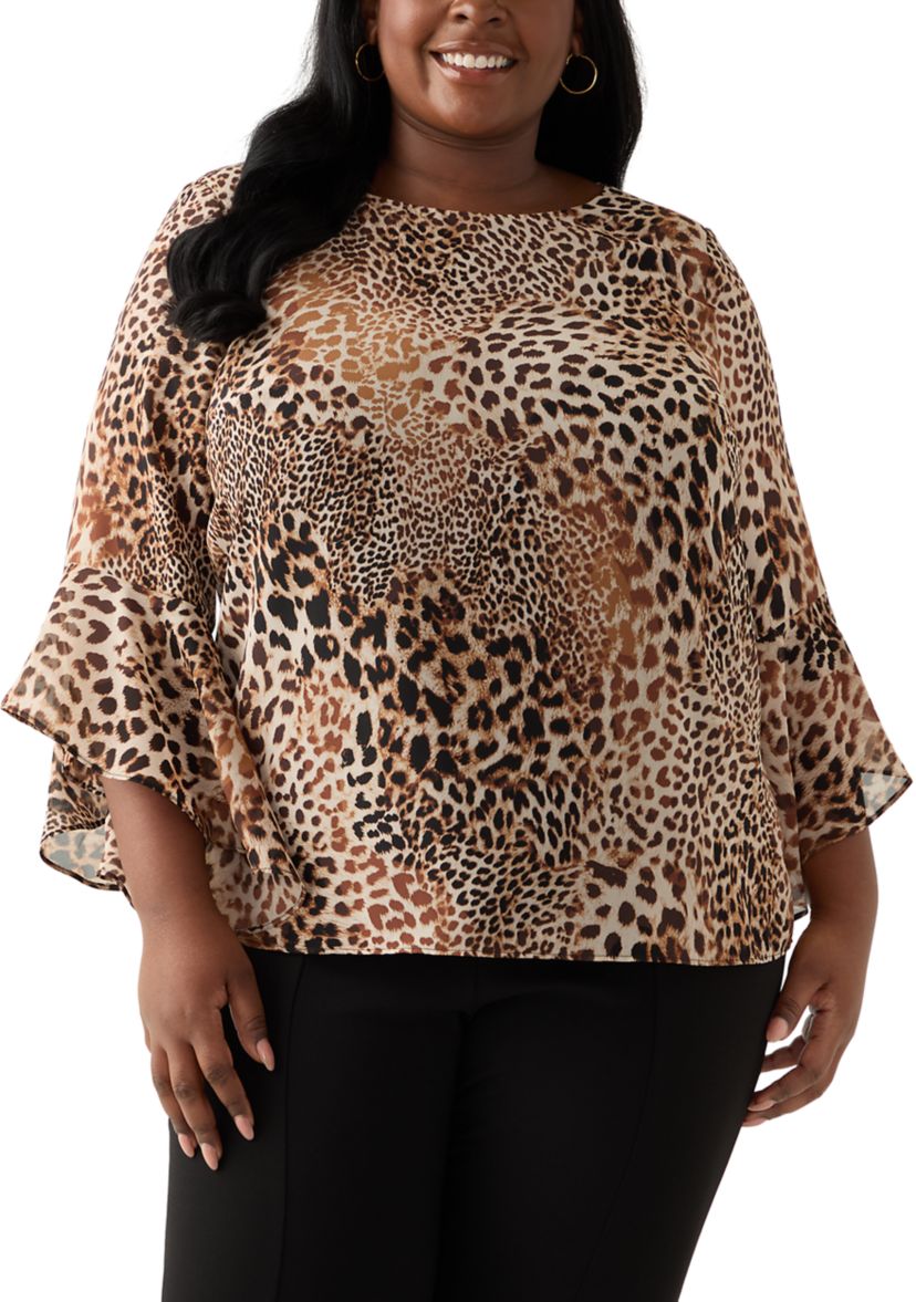 Plus Size Animal Print Ruffle Sleeve Blouse