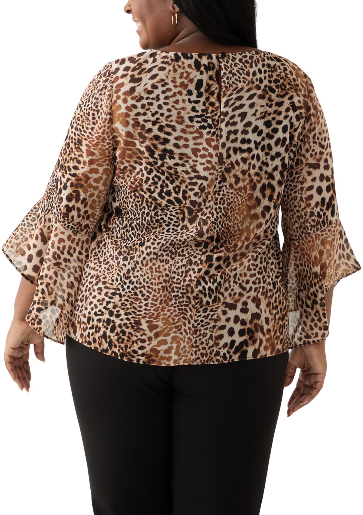 Plus Size Animal Print Ruffle Sleeve Blouse
