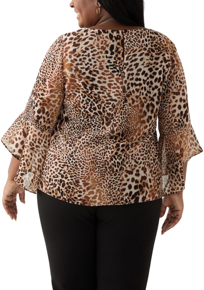 Plus Size Animal Print Ruffle Sleeve Blouse