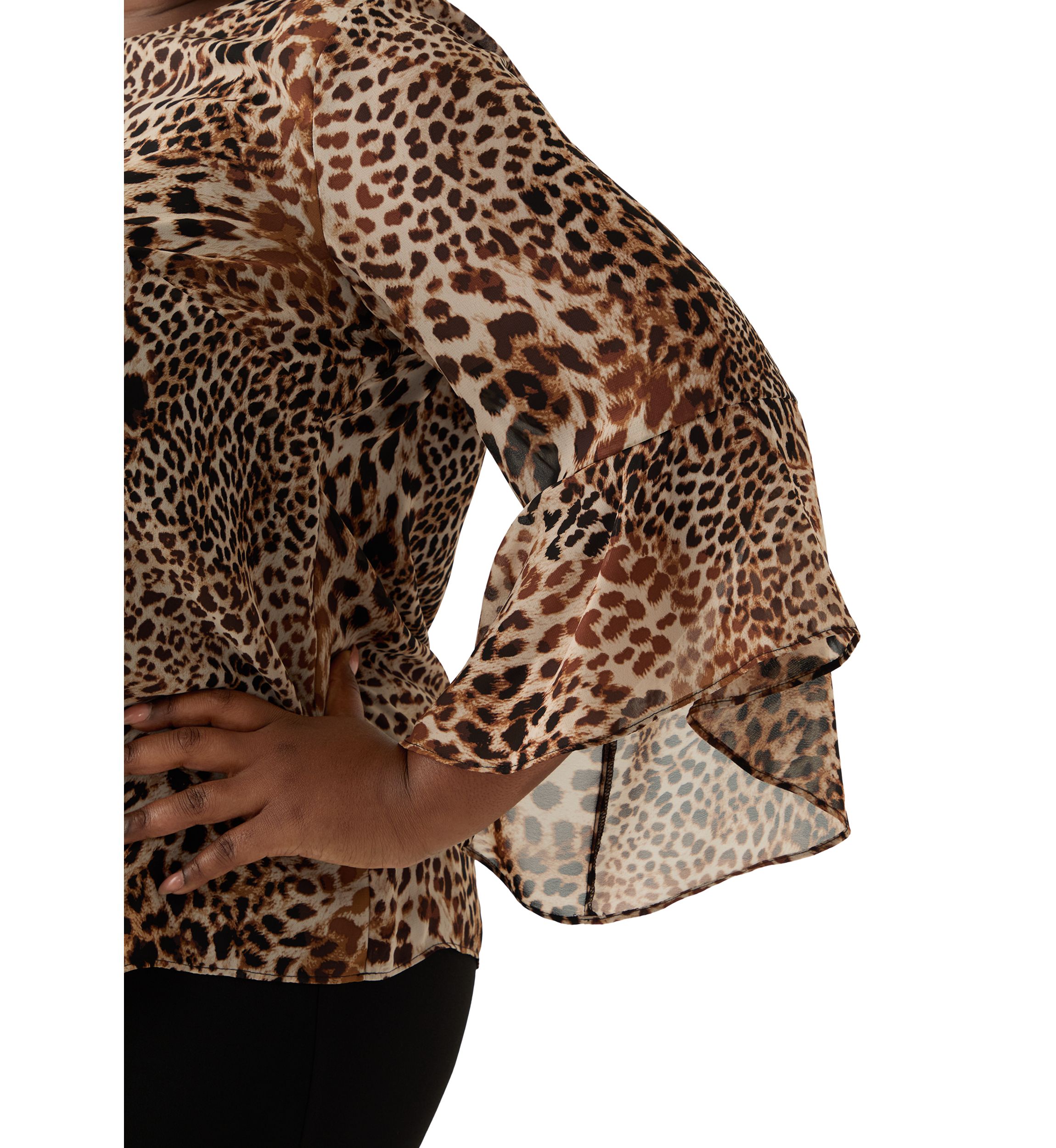 Plus Size Animal Print Ruffle Sleeve Blouse