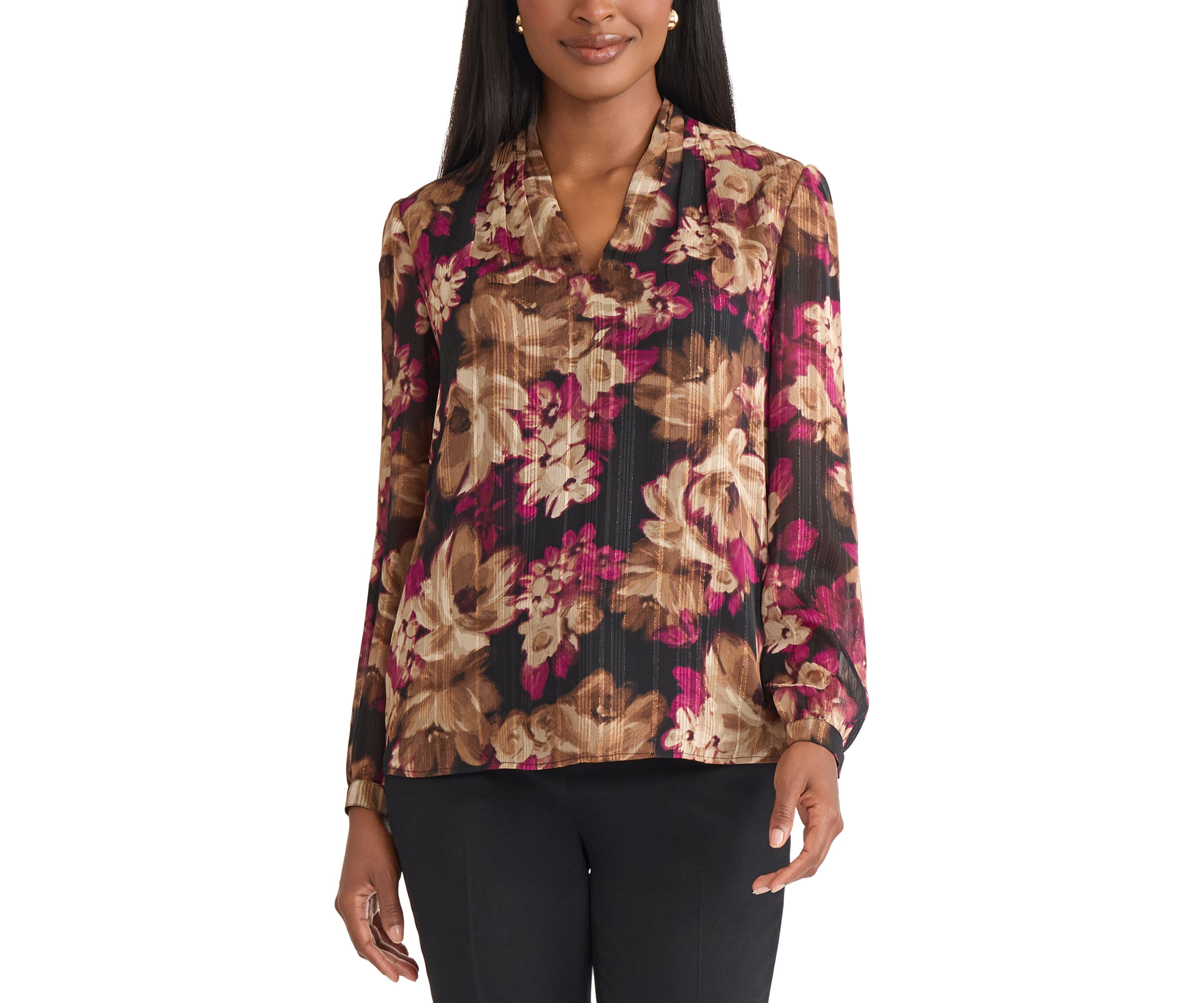 Womens Floral Print Long Sleeve V-Neck Blouse
