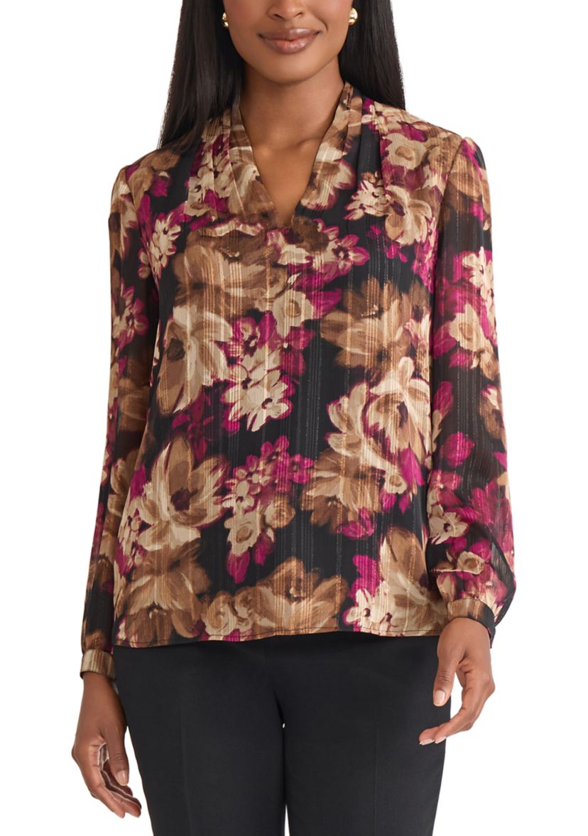 Womens Floral Print Long Sleeve V-Neck Blouse