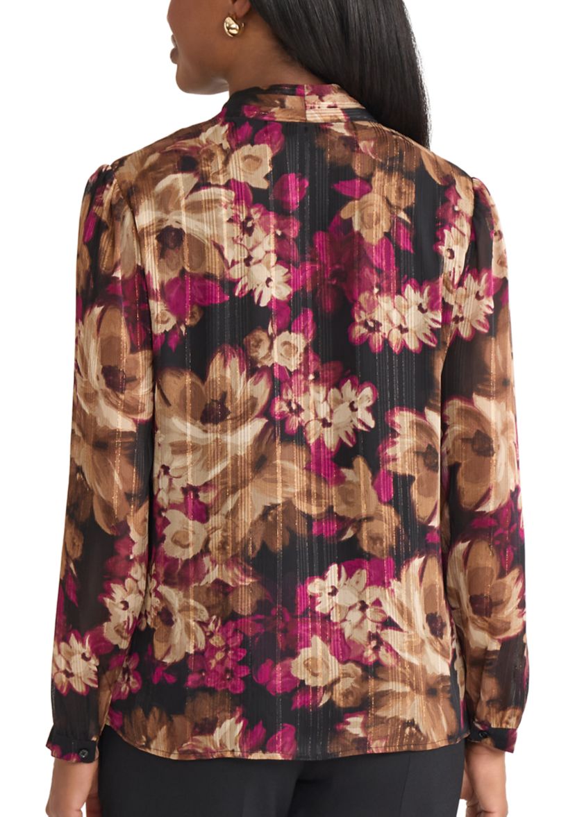 Womens Floral Print Long Sleeve V-Neck Blouse