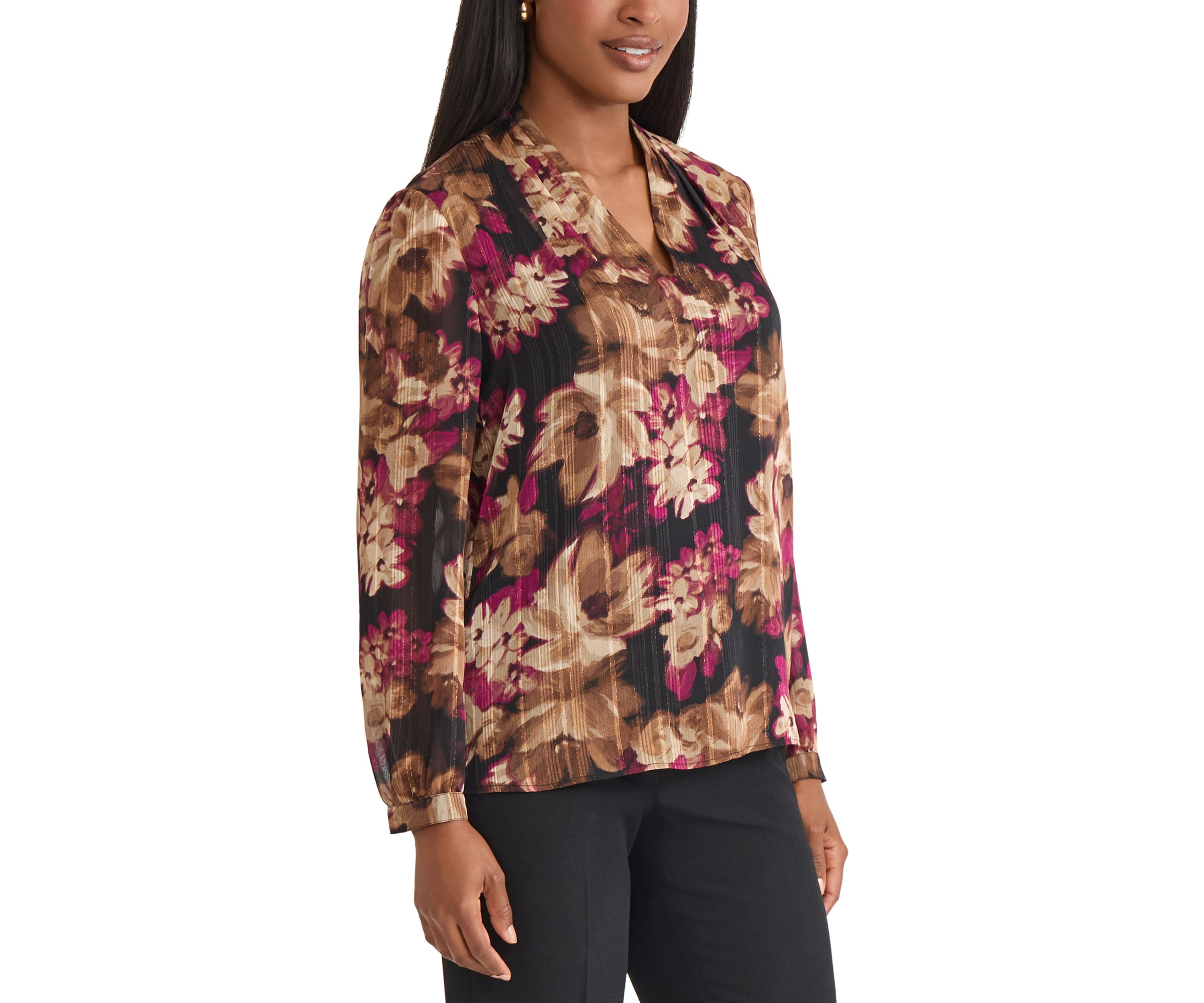 Womens Floral Print Long Sleeve V-Neck Blouse