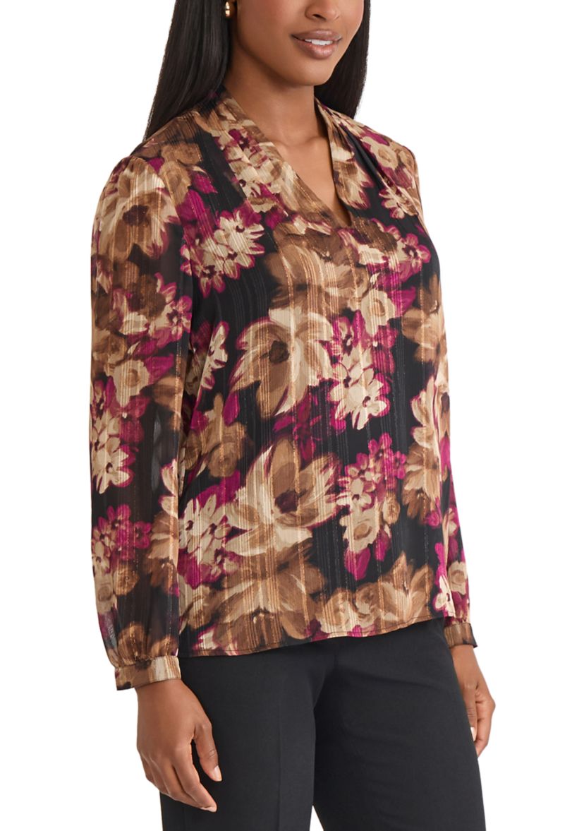 Womens Floral Print Long Sleeve V-Neck Blouse