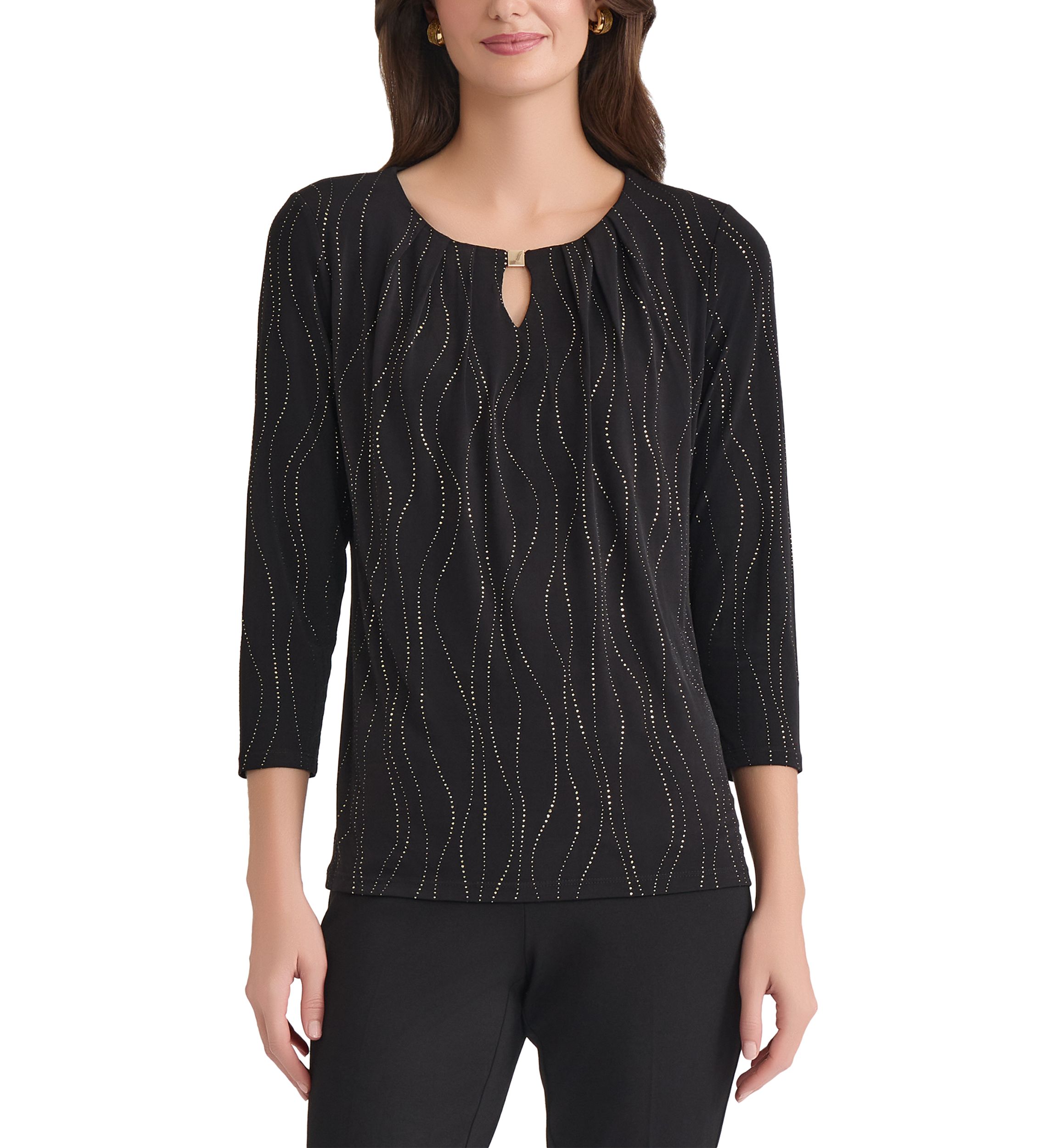 Womens Dewdrop 3/4 Sleeve Pleat Neck Knit Top 