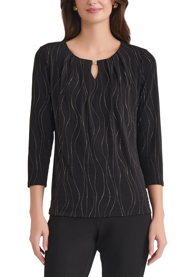 Womens Dewdrop 3/4 Sleeve Pleat Neck Knit Top 