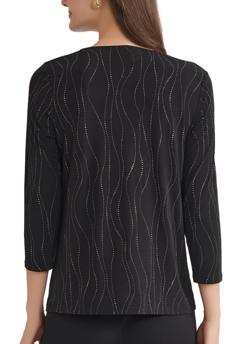 Womens Dewdrop 3/4 Sleeve Pleat Neck Knit Top 