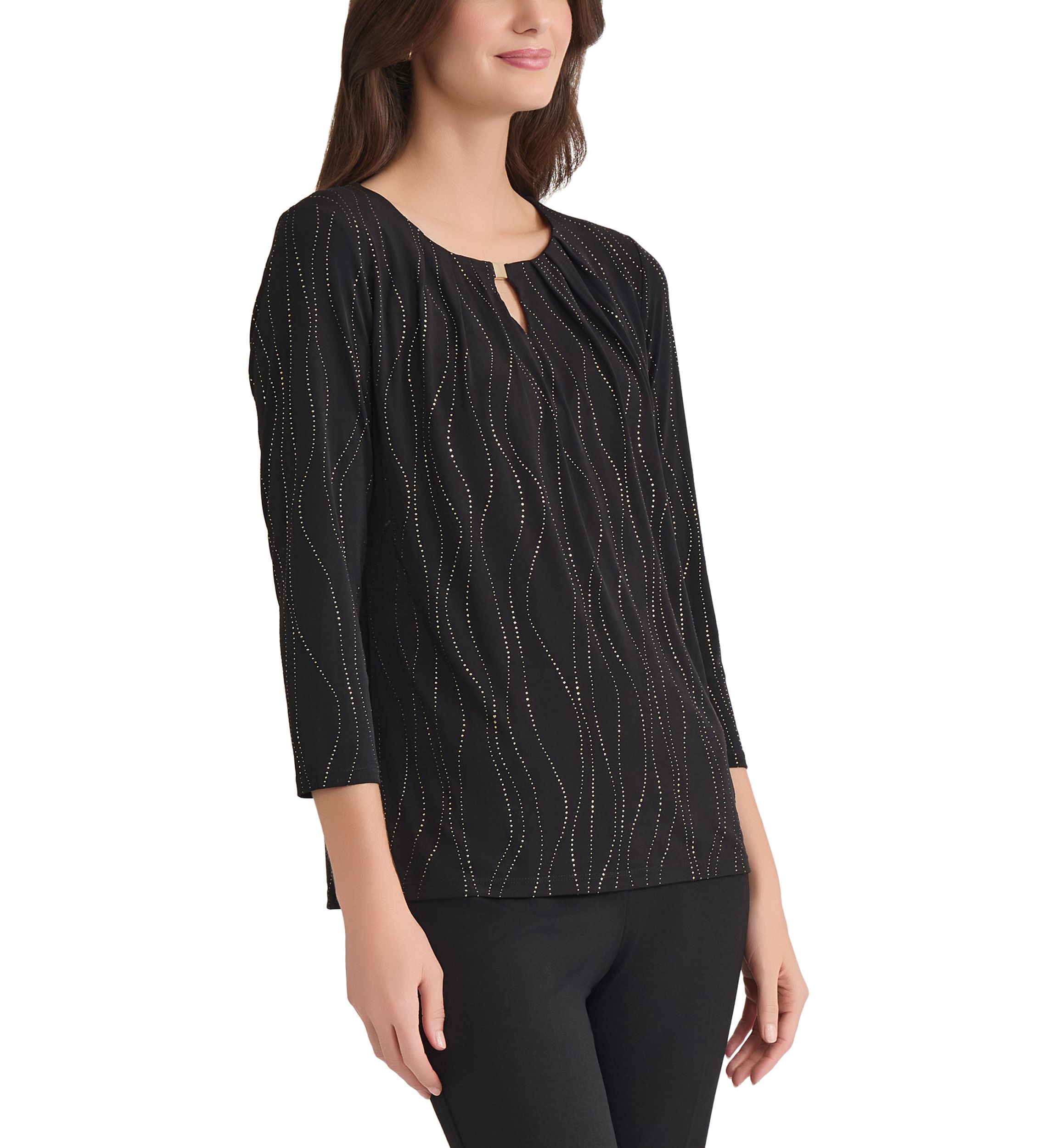 Womens Dewdrop 3/4 Sleeve Pleat Neck Knit Top 