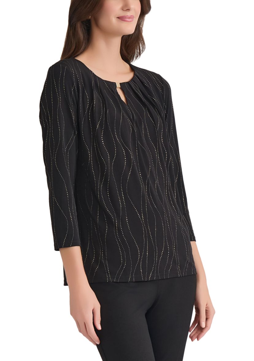 Womens Dewdrop 3/4 Sleeve Pleat Neck Knit Top 