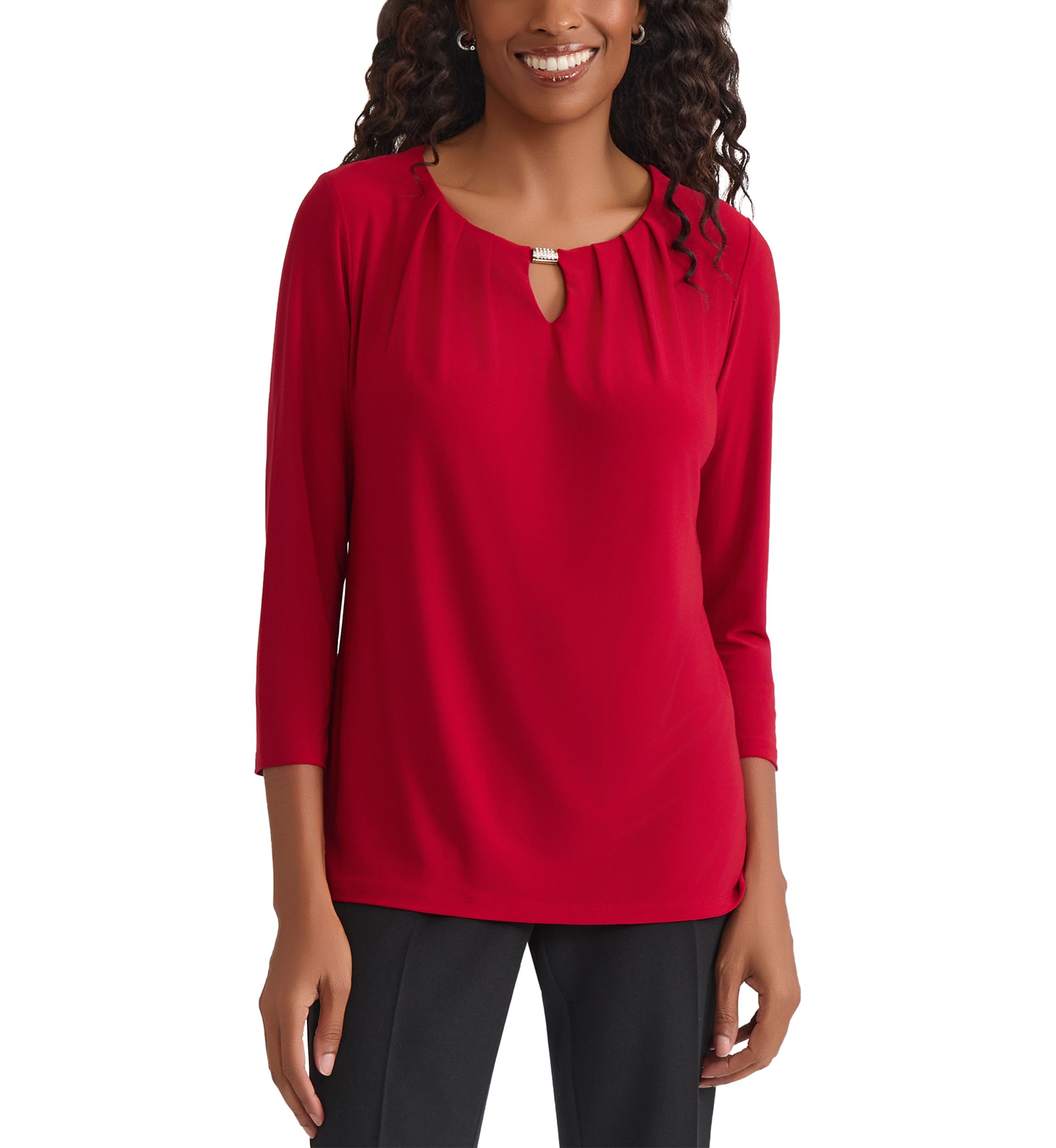 Womens 3/4 Sleeve Pleat Neck Knit Top 