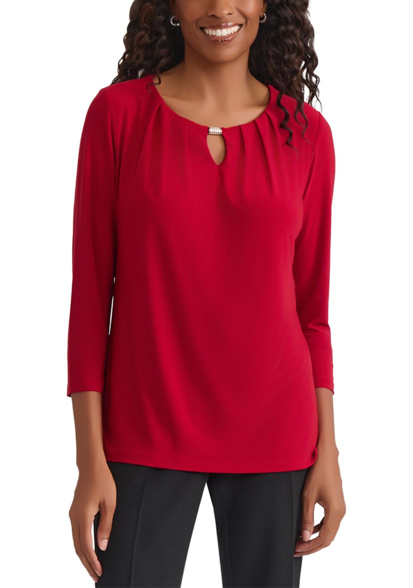 Womens 3/4 Sleeve Pleat Neck Knit Top 