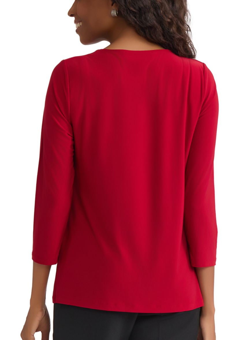 Womens 3/4 Sleeve Pleat Neck Knit Top 