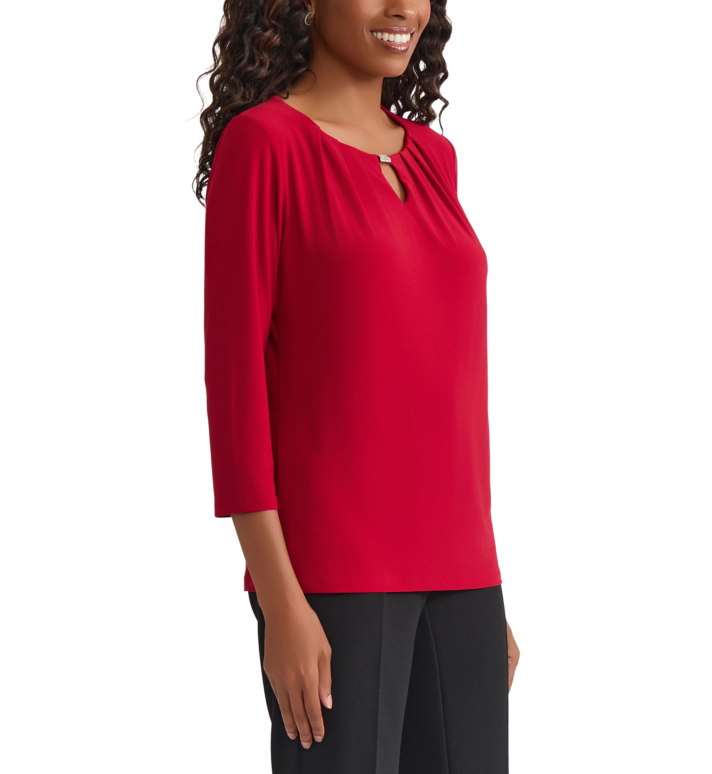 Womens 3/4 Sleeve Pleat Neck Knit Top 