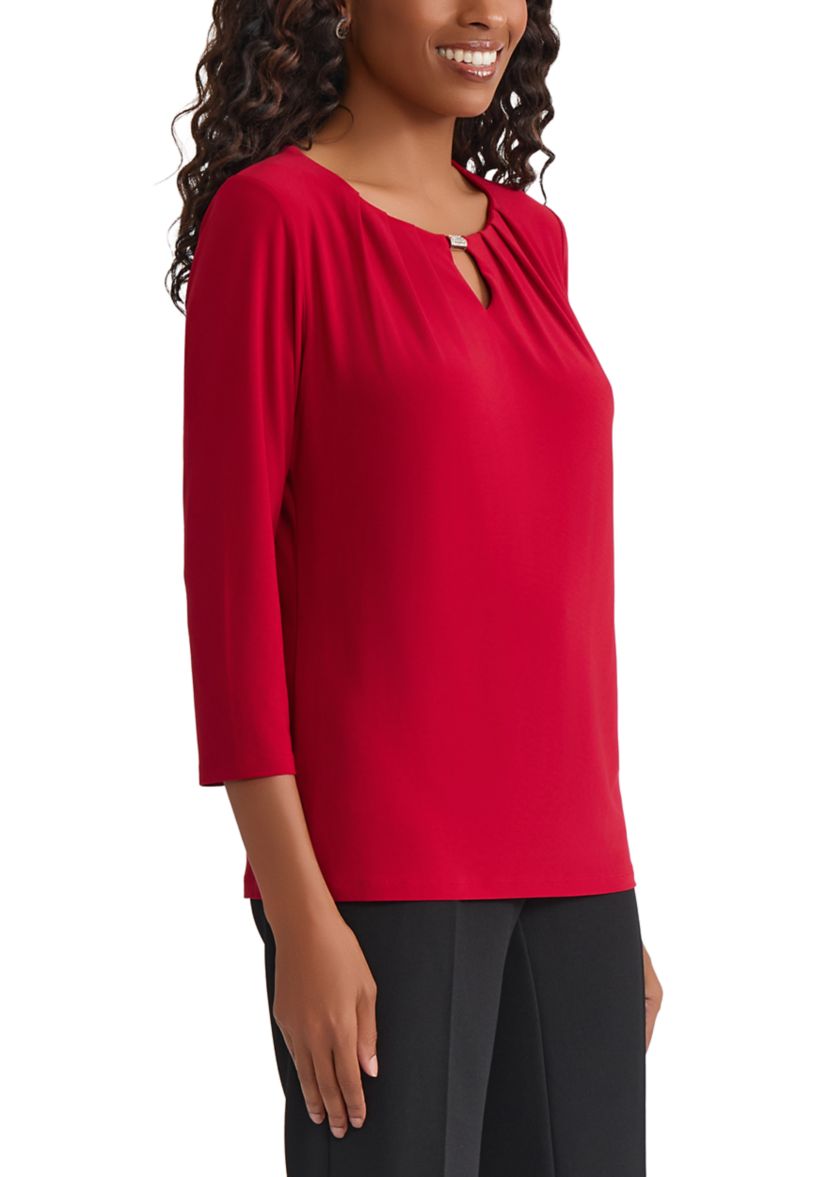 Womens 3/4 Sleeve Pleat Neck Knit Top 