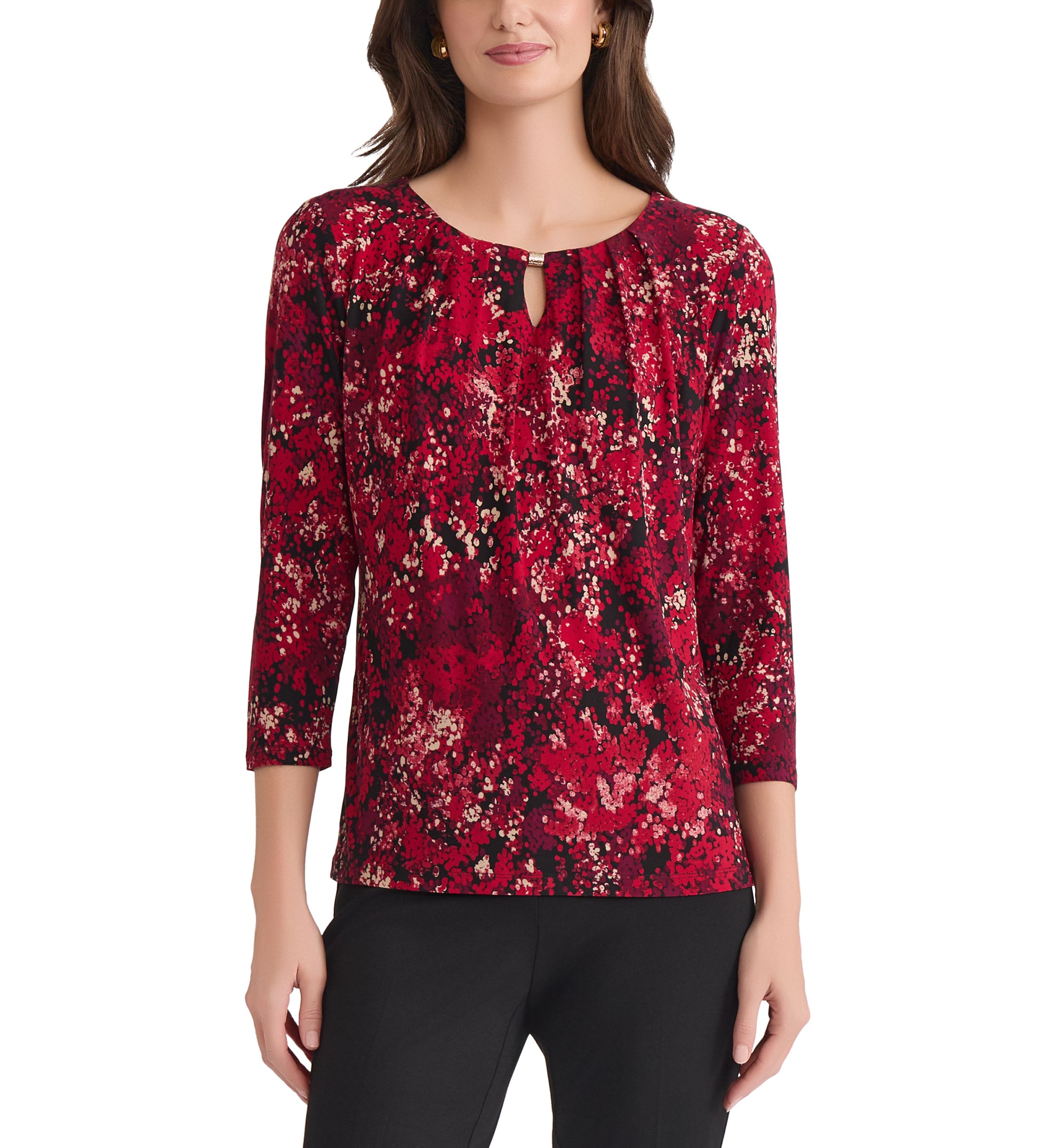 Womens Multi Print 3/4 Sleeve Pleat Neck Knit Top 