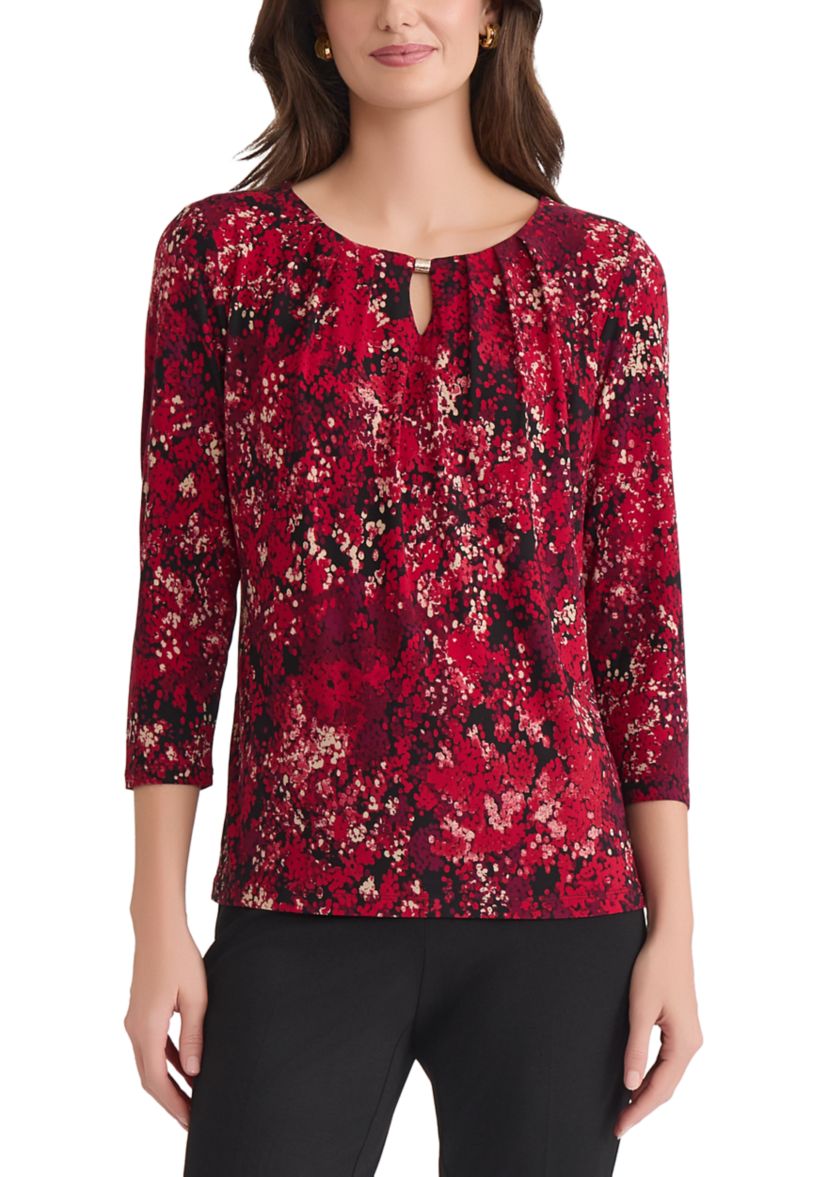 Womens Multi Print 3/4 Sleeve Pleat Neck Knit Top 