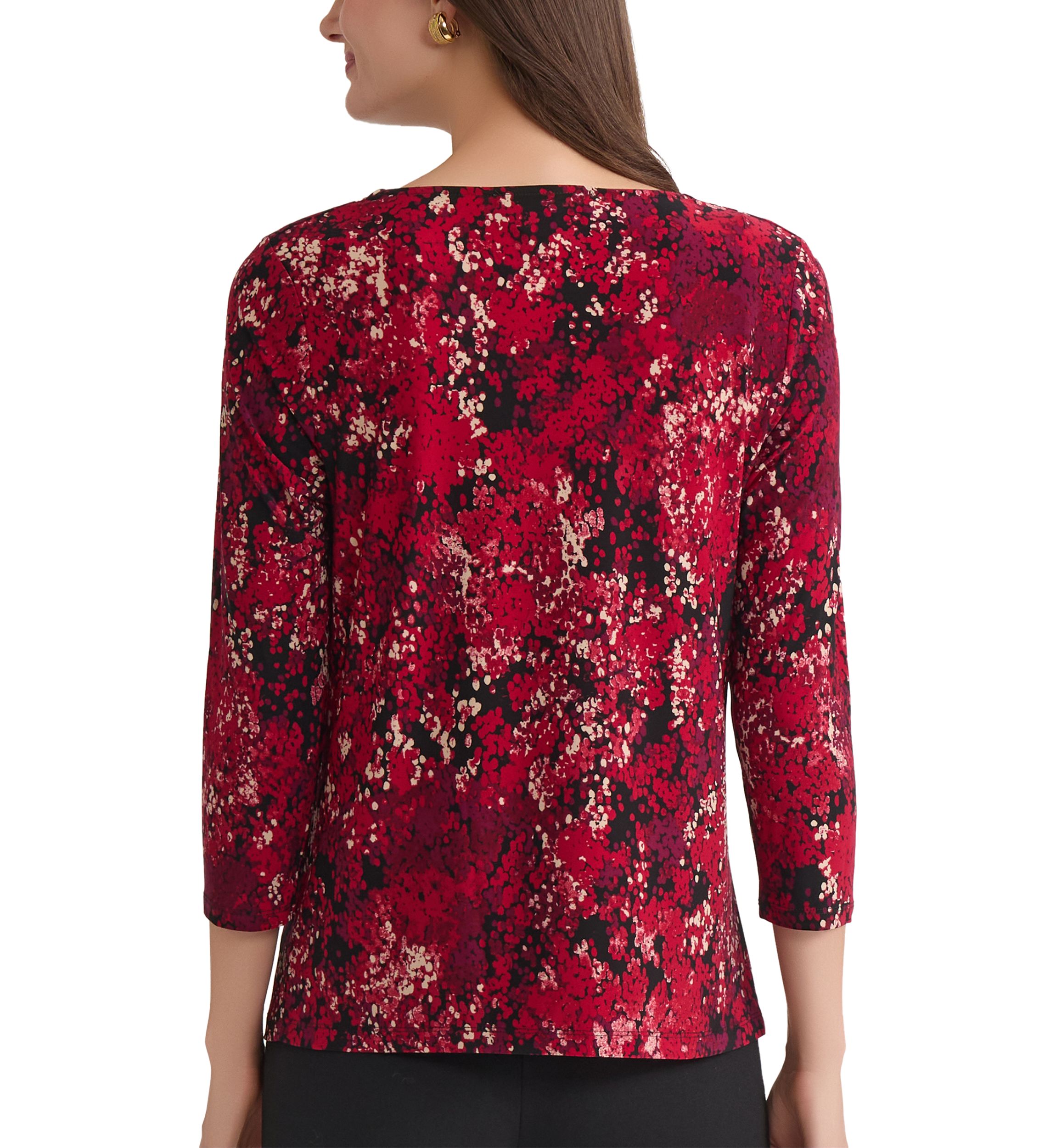 Womens Multi Print 3/4 Sleeve Pleat Neck Knit Top 