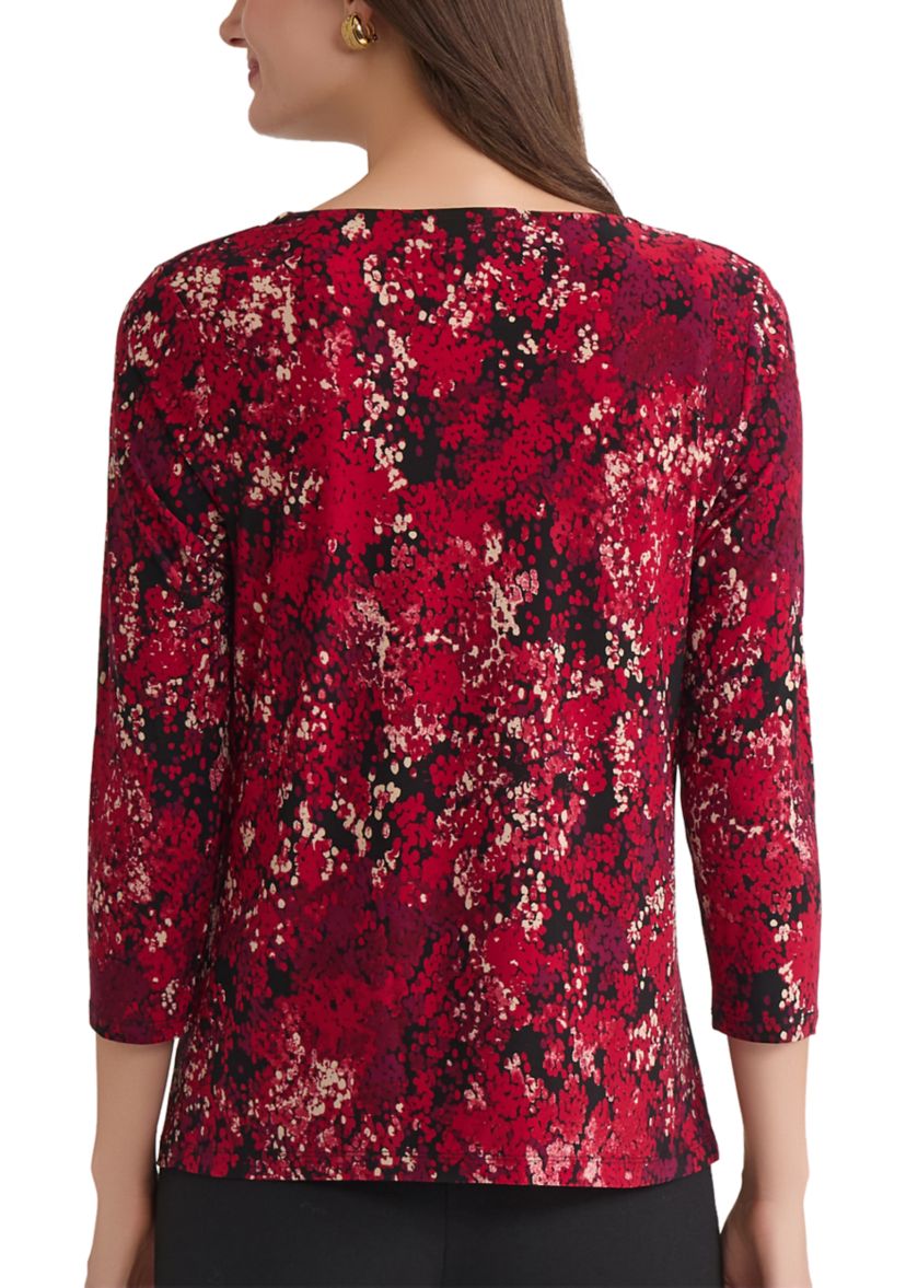 Womens Multi Print 3/4 Sleeve Pleat Neck Knit Top 